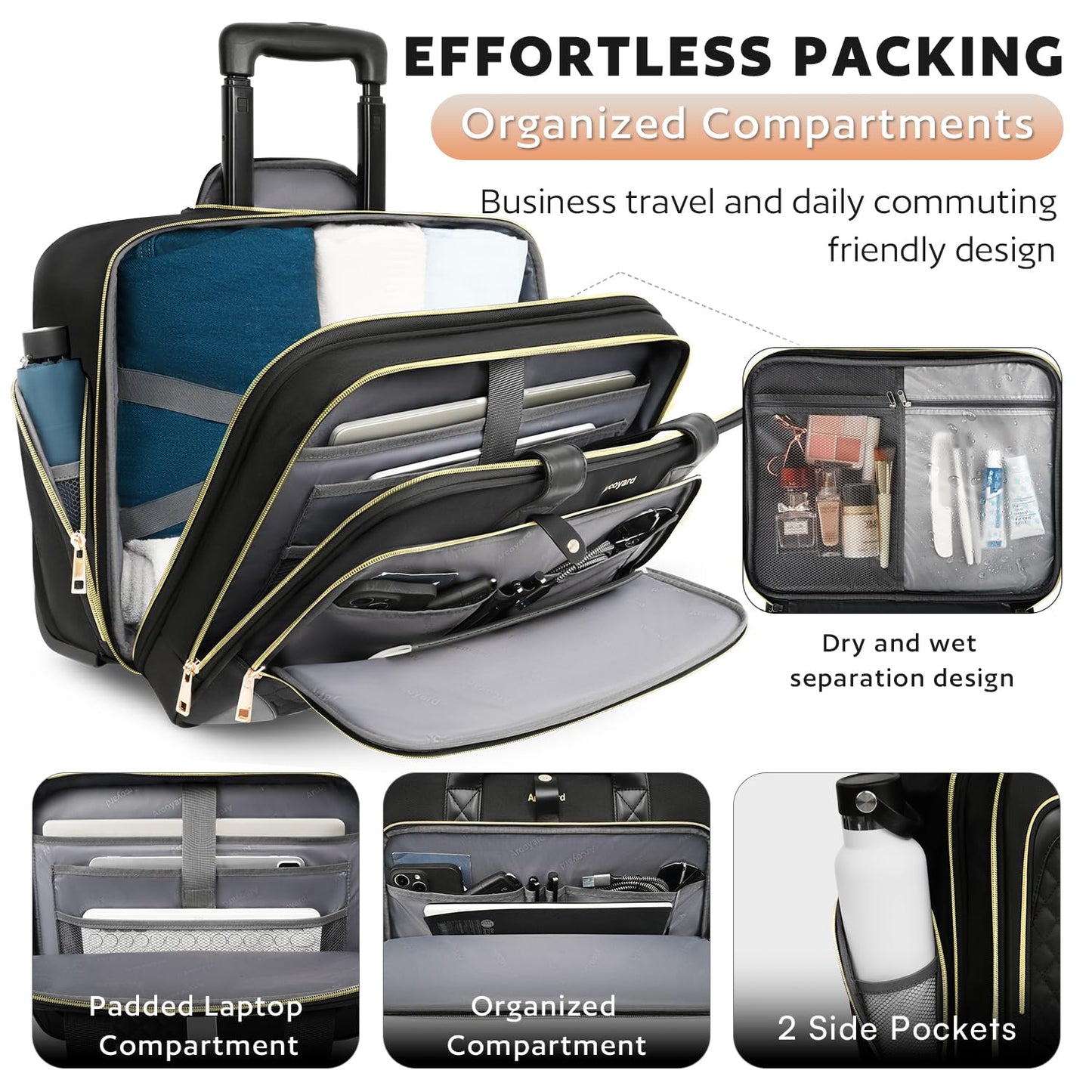 Arcoyard Rolling Laptop Bag Women, Rolling Briefcase for Women with Waterproof Pocket, 17.3 Inch Computer Bag, Underseat Carry On Luggage with Wheels for Work Travel Business, Lightweight Black
