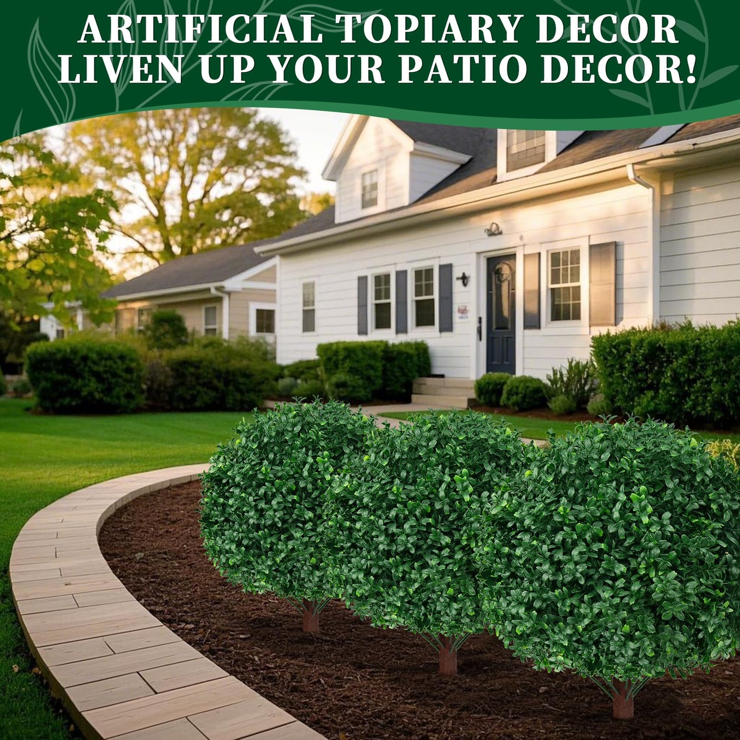 EverNature 2Pack Artificial Boxwood Topiary Ball Trees, 16'' UV Resistant Fake Evergreen Shrubs Bushes Plants with Ground Spike, Fake Plants for Outdoor Indoor Front Porch Garden