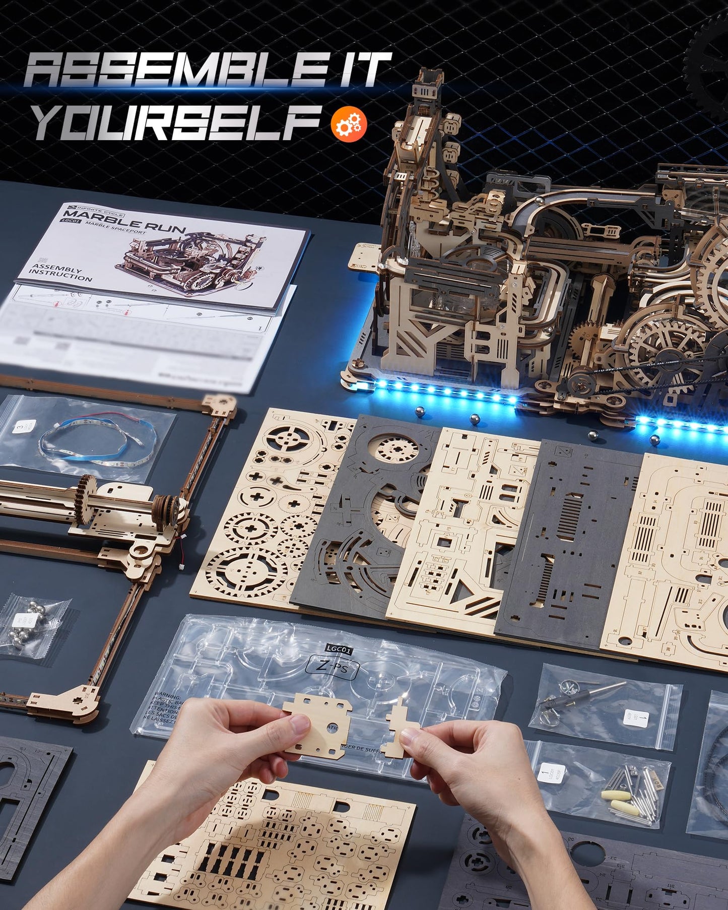 3D Puzzles for Adults - Marble Runs Building Set, Wooden Model Kits, Marble Spaceport+Marble Night City+Link Pack