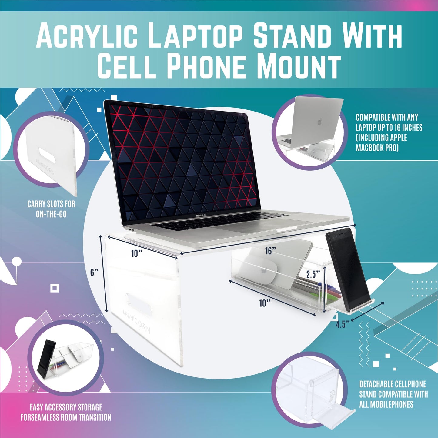 AHANICORN Acrylic Laptop Stand for Desk, Bed, and Coffee Tables with Detachable Phone Stand Compatible with 16 Inch MacBook Pro