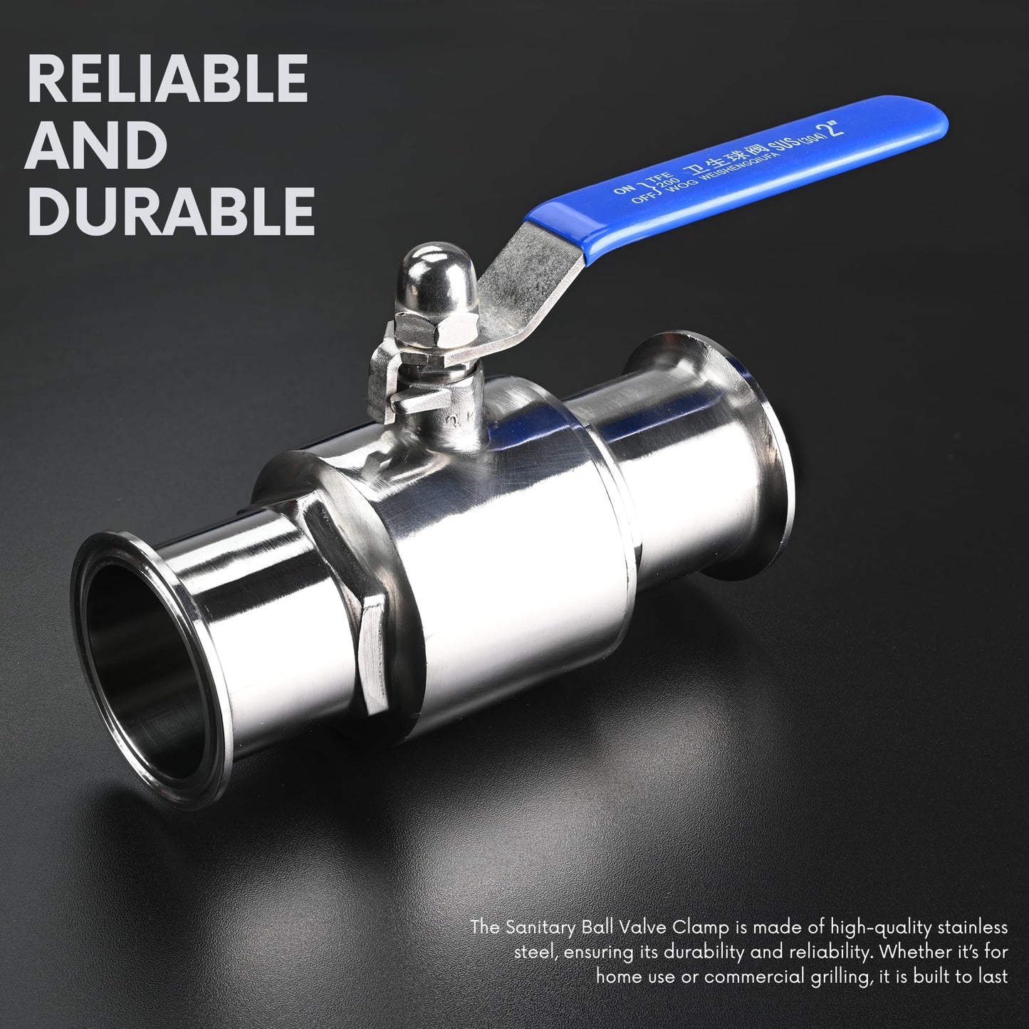 2" Tri-Clamp Ball Valve for home brewing, Stainless Steel 304, 2" Tude OD, PTFE Lined