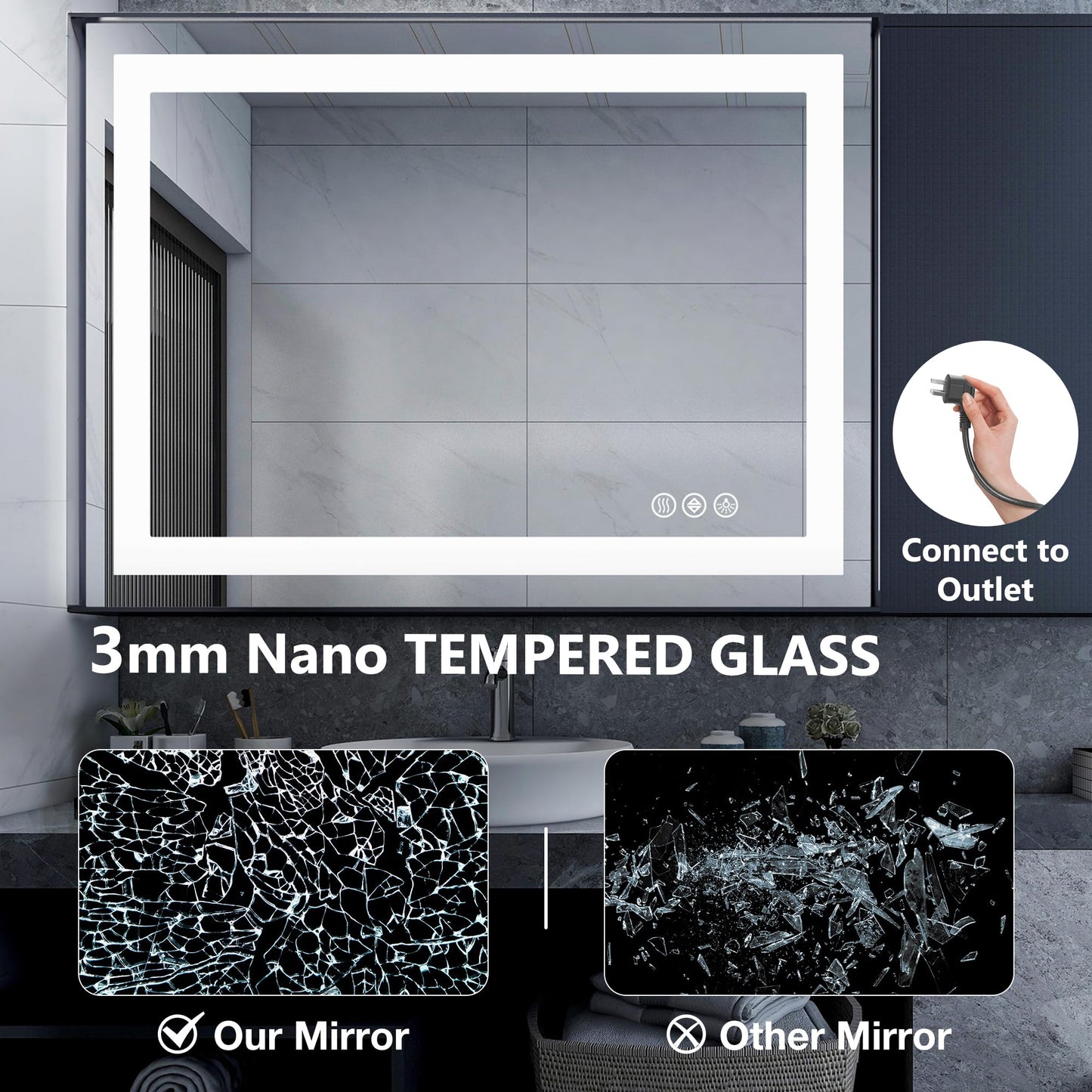 DUMOS 24.1"x32.1" LED Bathroom Mirror, Smart Anti-Fog Bathroom Vanity Mirror with Front Light & Backlit, 3 Color Temperatures, Dimmable, Memory Function