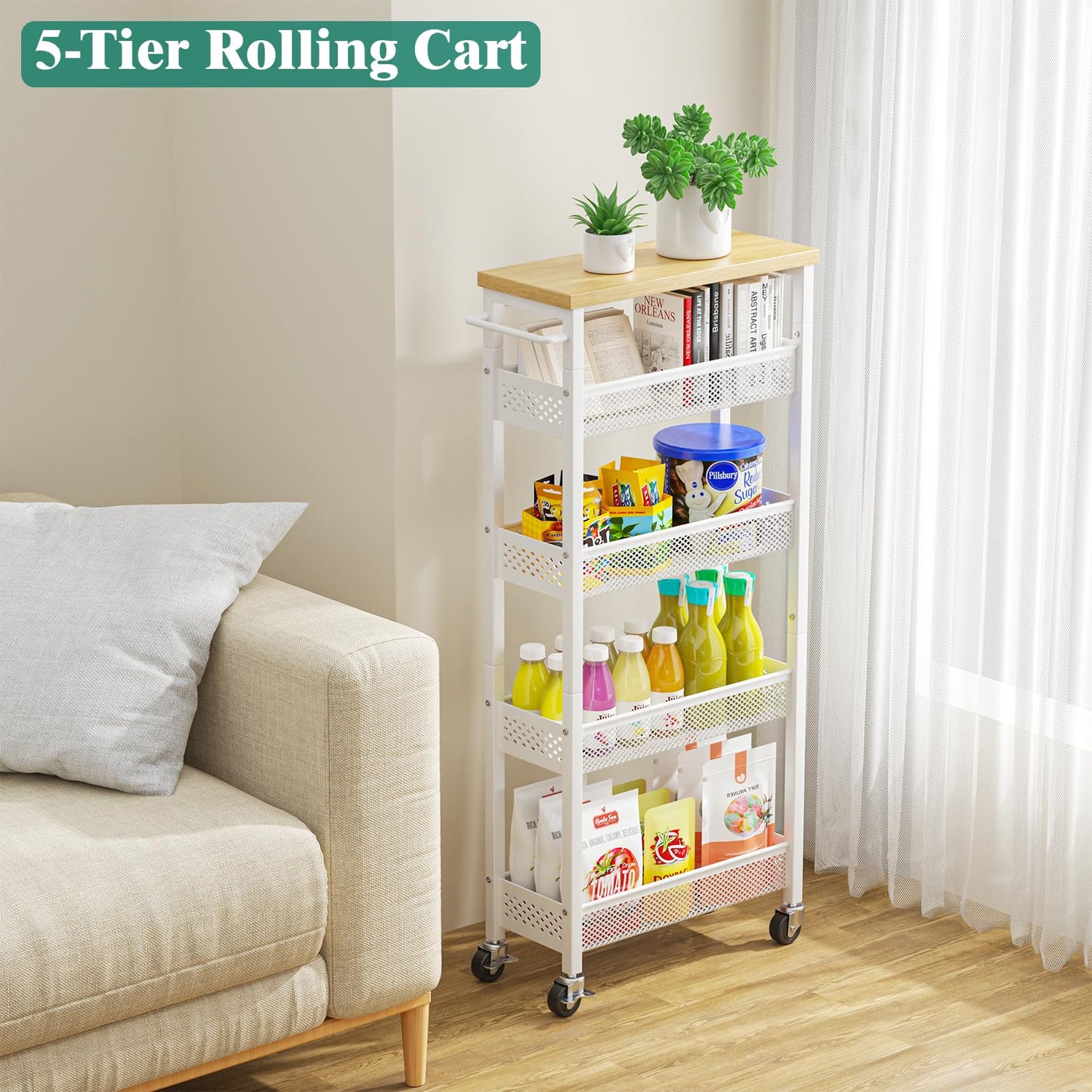 Giwil Slim Storage Cart 5 Tier Narrow Kitchen Rolling Cart on Wheels for Small Space, Metal Utility Cart Narrow Bathroom Storage Cabinet Mobile Shelf Unit Organizer with Wood Top and Handle, White