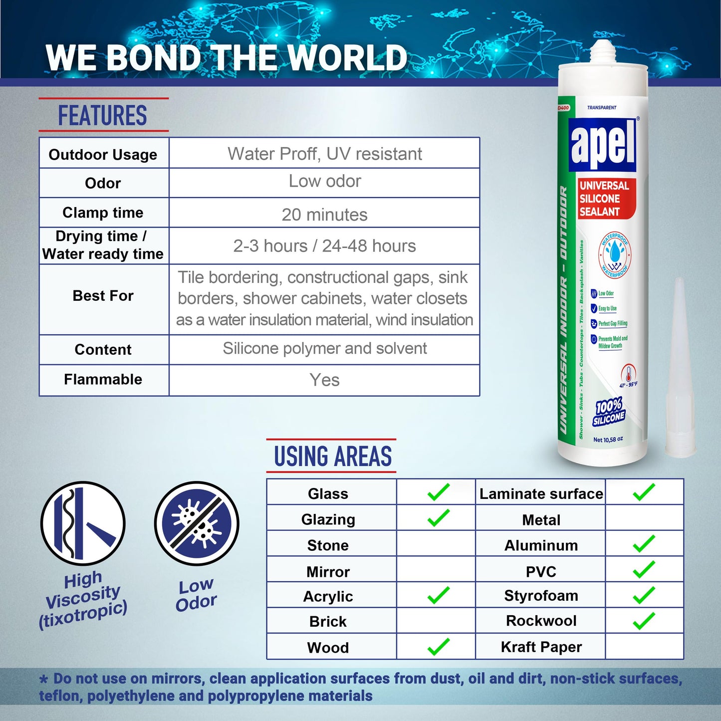 apel All Purpose Clear Silicone Sealant Waterproof (12 x 10.5 fl.oz.), 100% Silicone Caulk, Weatherproof & Flexible Adhesive Sealant for Indoor and Outdoor Use, Transparent - 12 Pack