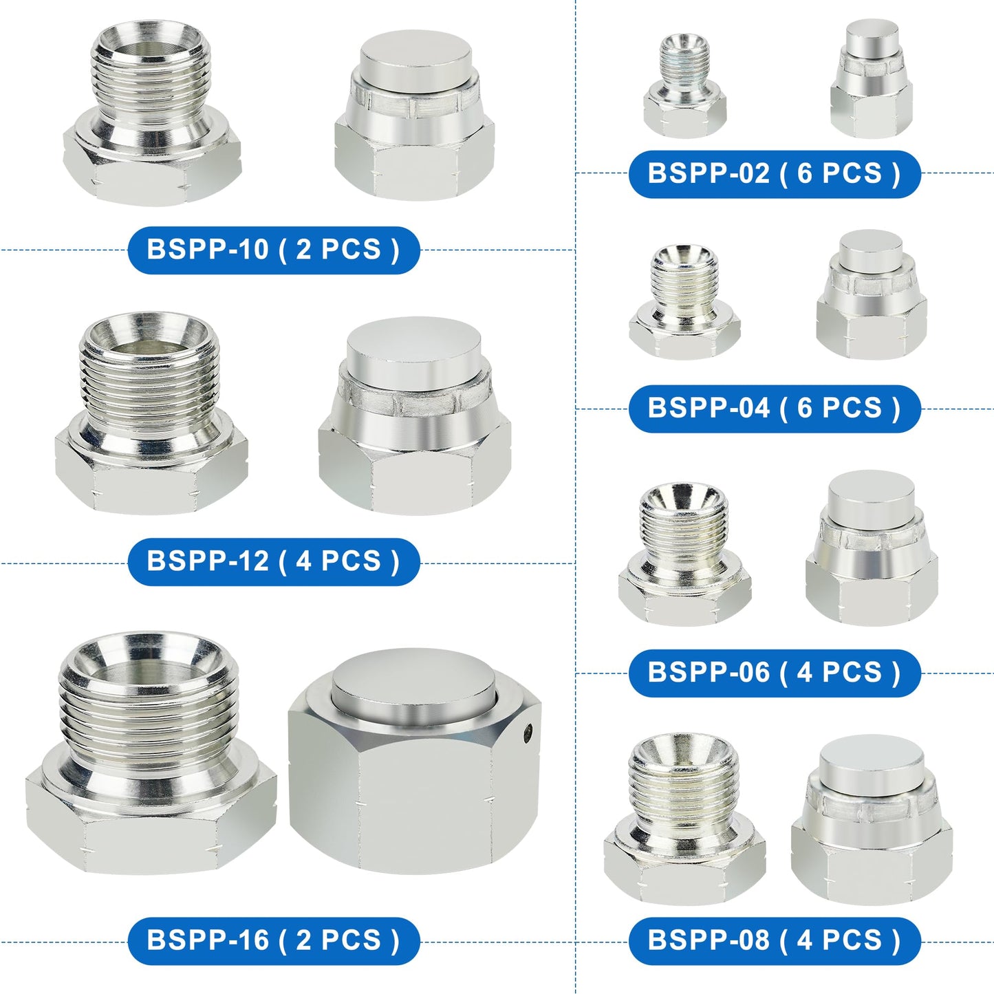ANCIMOON 56PCS BSPP Hydraulic Hose Caps and Plugs, Size 2 4 6 8 10 12 16