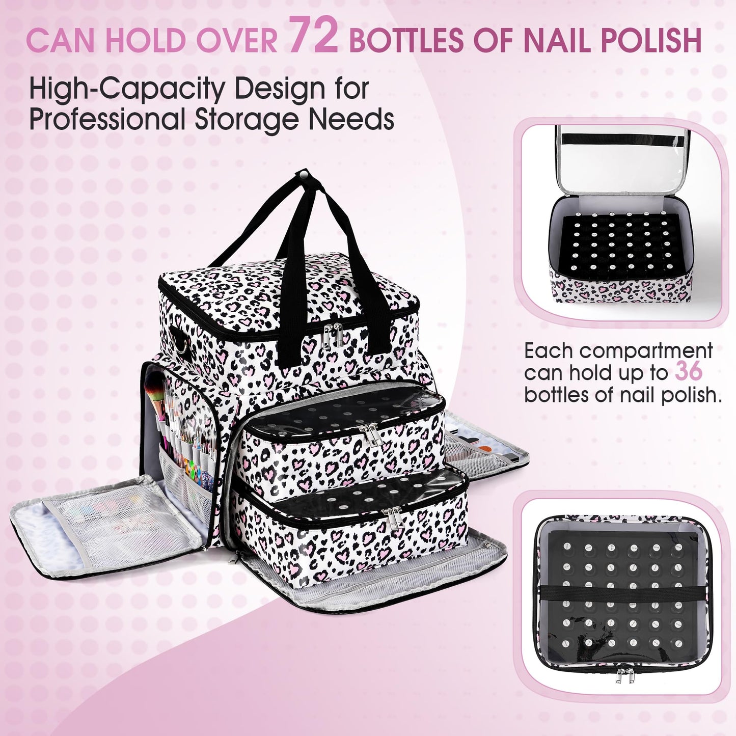 DERSTUEWE Extra Large Nail Polish Organizer Case Holds 72 Bottles, Nail Polish Storage Bag with 2 Removable Compartments, Fits UV Lamp & Nail Tools, Travel Tote for Manicurists & Home Use