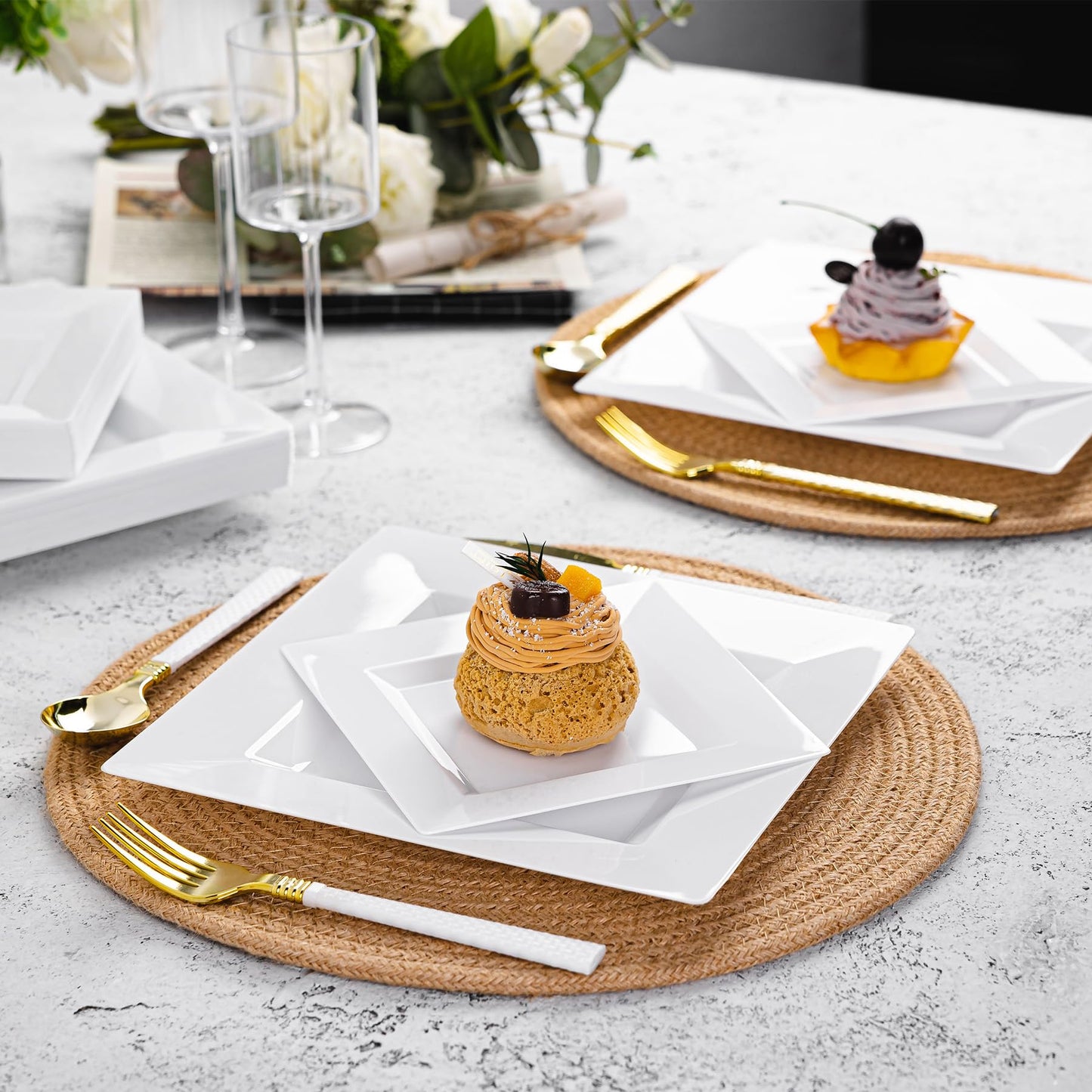 Pryntono 100 Pack White Square Plastic Plates, Includes 50 Dinner Plates 9.5" and 50 Dessert Plates 6.5", Heavy Duty Disposable Plates for Wedding, Holiday Party, Birthday, White
