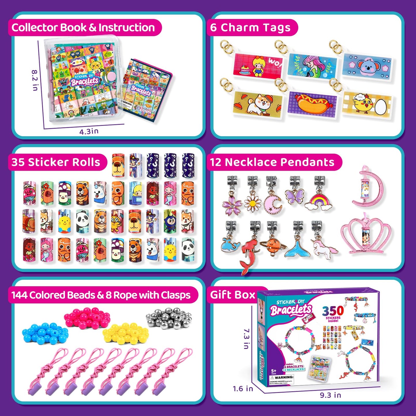 DIY Sticker Bracelet Maker, with 350pcs Mini Rolls Stickers, 12 Cute Pendants &Collect Book,Jewelry Necklace Making Kit,Fun Arts and Crafts for Kids 5-12, Birthday Party Gift,Toys for 5 Year Old Girls
