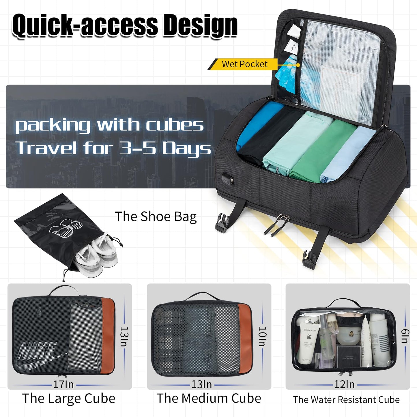 Velaybor 42L Travel Backpack with 4 Packing Cubes, TSA Friendly Flight Approved Carry-On Bag with USB Charging Port, Water-Resistant Weekender Business Backpack for Men Women, Fits 17.3" Laptop(Black)