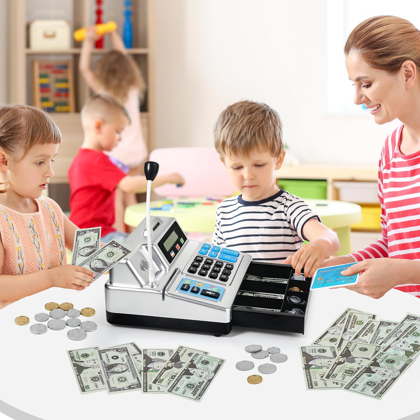 Calculator Cash Register - 103 Pcs Toy Cash Register, Store Playset with Microphone, Credit Card and Banking for Kids