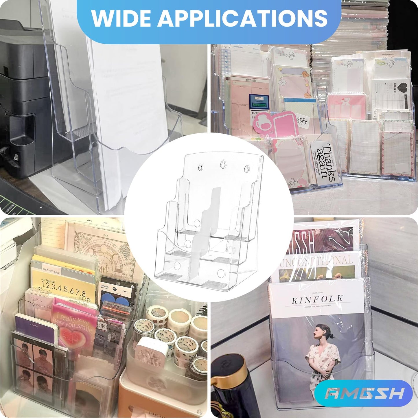 AMGSH 2 Pack 3 Tier Brochure Holder 8.5” x 11” - Acrylic Literature Holder with Removable Divider for 4” x 9” Brochure, Clear Flyer Holder Pamphlet Display Stand