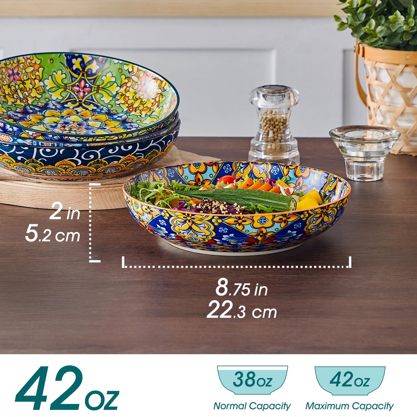 vancasso Pasta Bowls, 42 oz Ceramic Salad Bowls of 4,Large Corlorful Serving Bowls for Kitchen, Dishwasher & Microwave Safe Soup Bowls, Pasta Plates