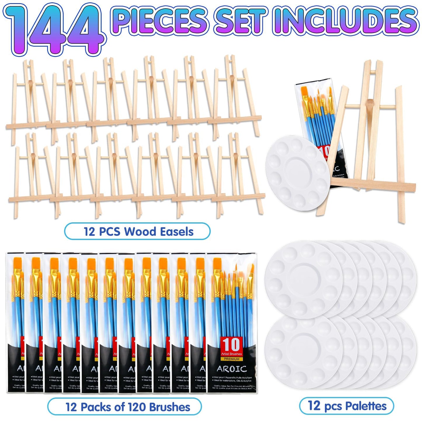 144 PCS Professional Painting Set, 12 PCS Wood Easels,12 Packs of 120 Brushes with Nylon Brush Head and 12 PCS Palettes, Painting Supplies kit for Kids & Adults Party.