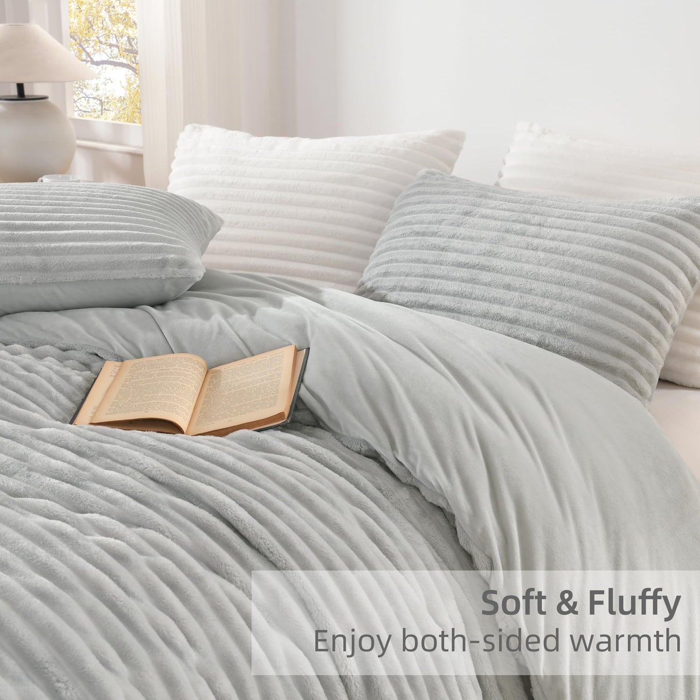 Andency Fluffy King Size Duvet Cover, Gray Striped Plush Microfiber Fleece Comforter Cover, Ultra-Soft Lightweight Bed Set, 3 Piece Warm Faux Fur Bedding for All Season, Two-Way Zipper