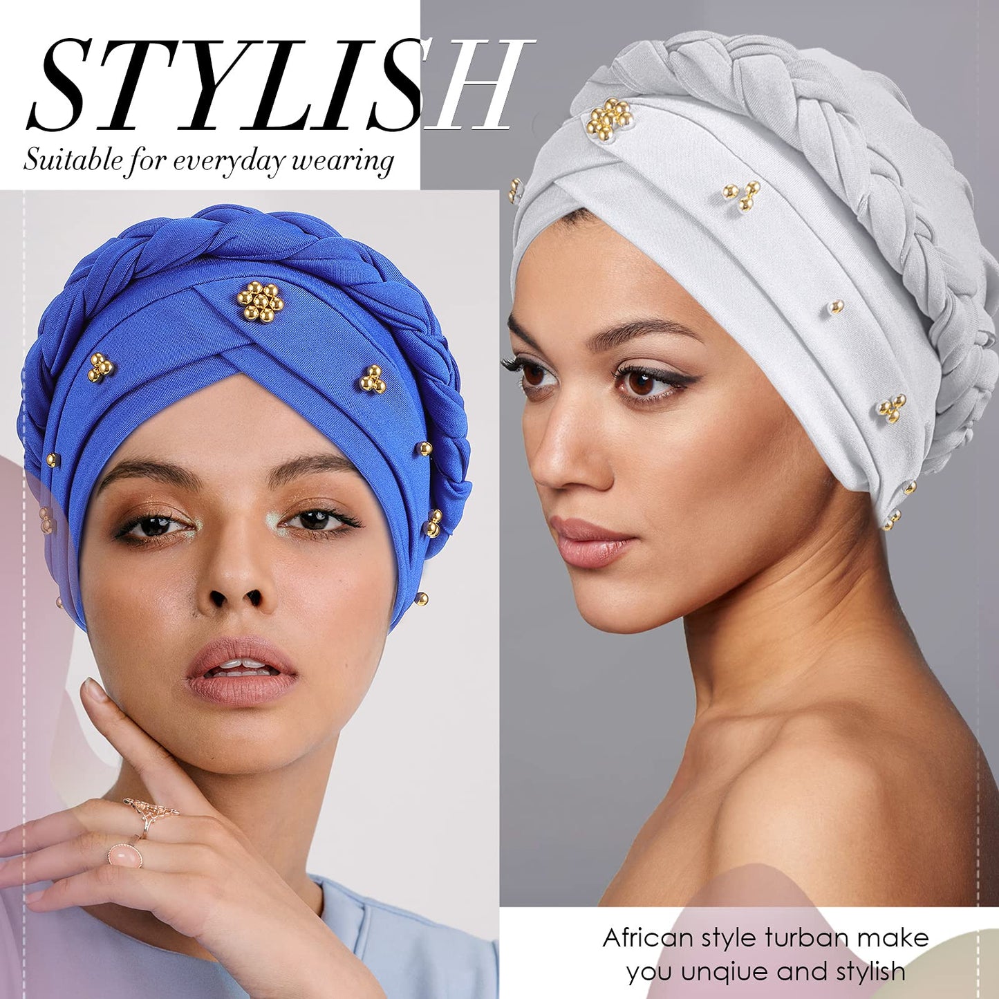 9 Pcs Women Turban Braid Headscarf Braid Turban Wrap Pre Tied Twisted Braid Hair Covered Hat Beanie Beaded Headband Headwear One Size Multicolor Cap(Classic)
