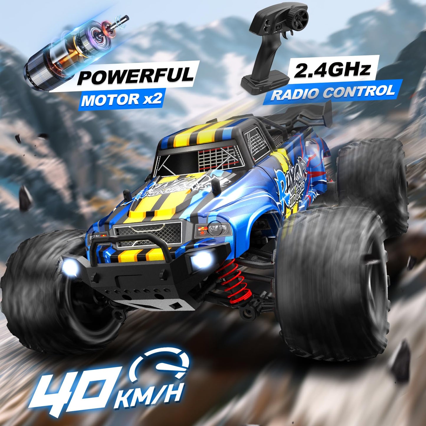 1:16 Scale RC Cars for Adult, Remote Control Car Fast 40KPH Hobby RC Cars for Boys Age 8+, 4x4 All Terrain Off-Road RC Truck for Kids with 2.4 GHz Remote Control 2 Rechargeable Batteries