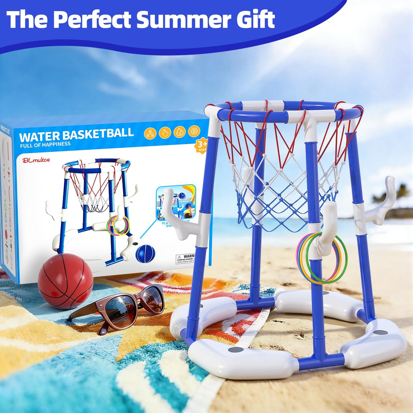 BLmukce Pool Basketball Hoop for Kids 4-8 & 8-12 Years Old - 2-in-1 Floating & Above Ground Water Game with 4 Balls, 12 Rings & Pump, Outdoor Play Swimming Pool Toy for Adult Summer Party (Blue)