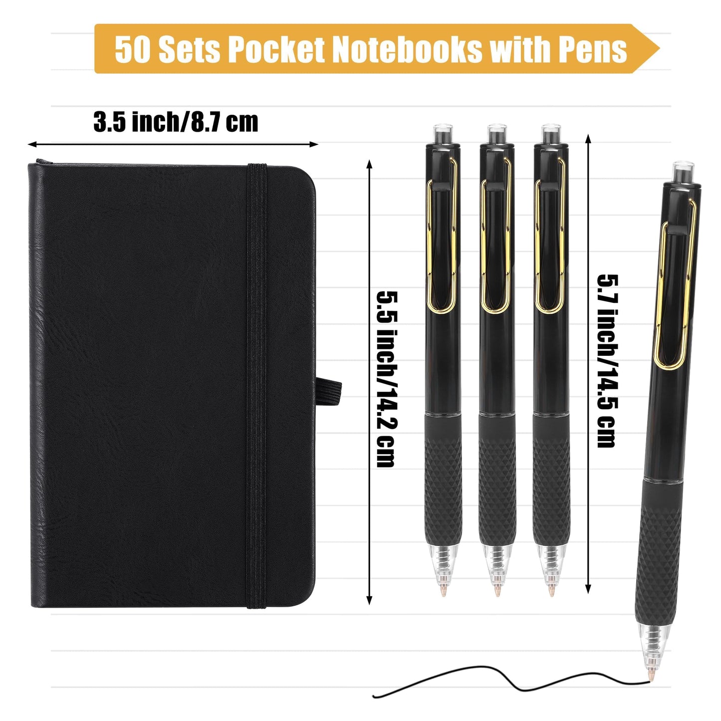 Aodaer 50 Sets Pocket Notebook Journal with Pens, 160 Pages, 3.5 x 5.5 Inch Mini Lined Journal Notebook A6 Leather Hardcover College Ruled Notepad with Pen Holder for School Office Gifts, Black