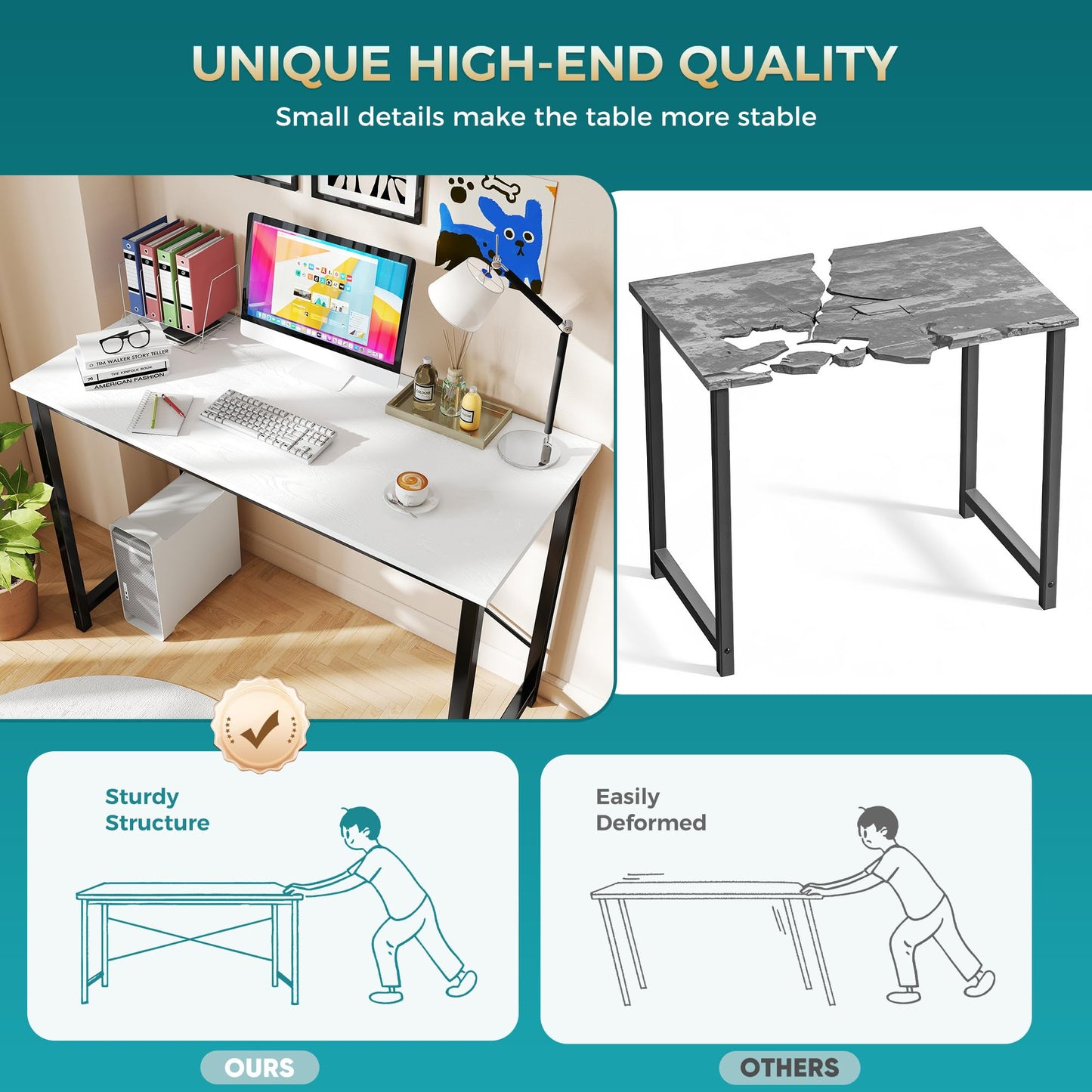 DUMOS 47 Inch Computer Desk for Home Office, Modern Study Work Table Simple Modern Style for Bedroom Small Space, Writing Desks with X-Shaped Reinforcement, Wood White