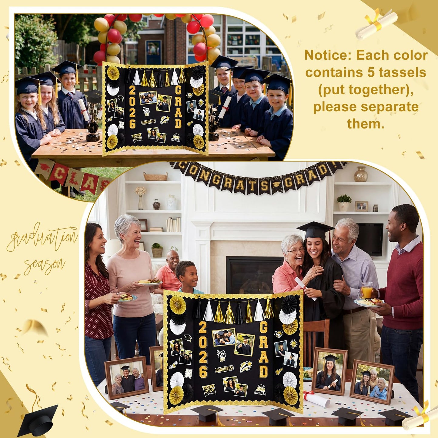 FunooFuno 31 Pcs Graduation Photo Display Board Decoration 40"x28" Trifold Poster Board Graduation Themed Stickers Grad Fan Tassel Garland for 2026 Grad Party College Picture Frame(Black Gold Silver)