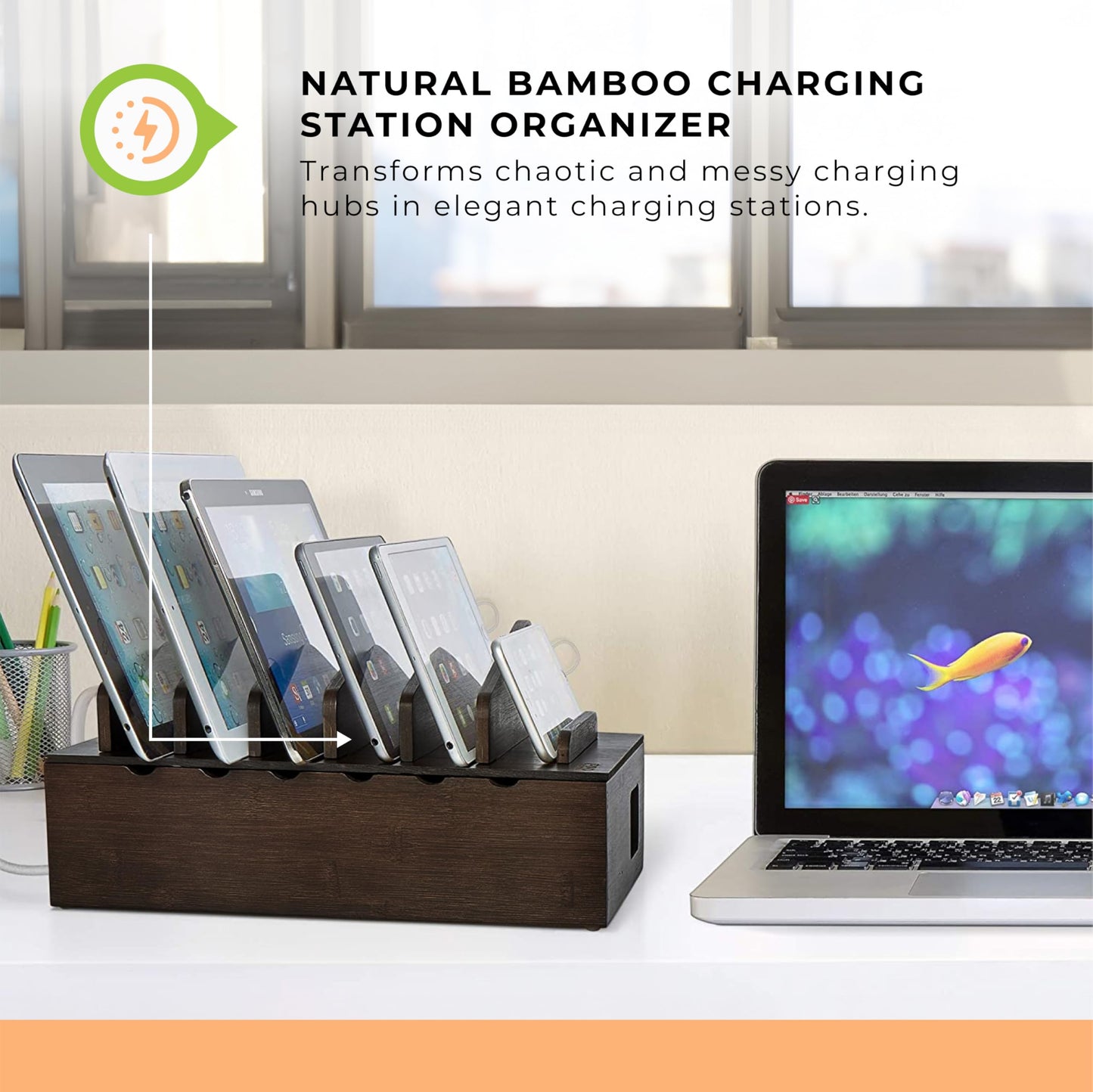 Prosumer's Choice Multi Device Charging Station for Multiple Devices - Wooden Desktop Organizer with Holder for Phones and Tablets - Elegant Desk Organizer for Home and Office, 6 Device Charging Dock