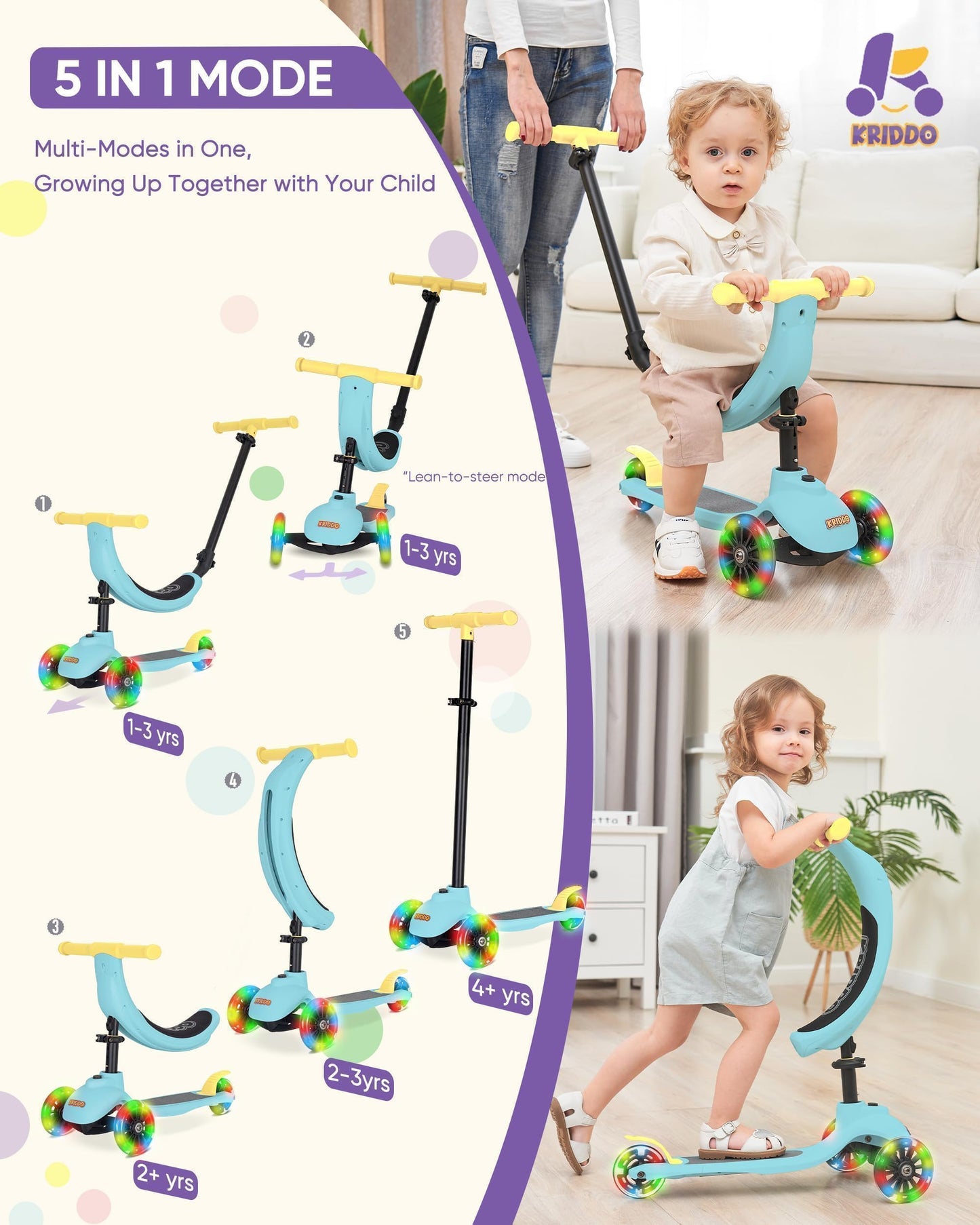 KRIDDO 5-in-1 Kids Kick Scooter, Lean-to-Steer, Toddler Toy Scooter with Adjustable Height, 3 Lighted Wheels, Ideal for Indoor & Outdoor, Gift for Kids Ages 1-5 Years, Blue