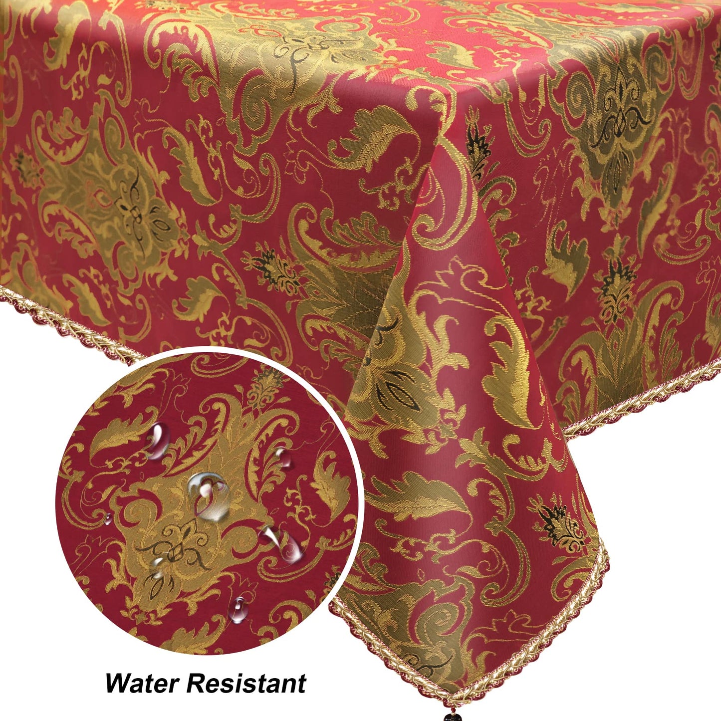 Loom and Mill Luxury Fabric Tablecloth 60 x 120 Inch, Christmas Damask Jacquard Table Covers with Tassels for Dining Kitchen Tabletop Party Banquet Holiday Decoration, Water Resistant (Red, 60x120 in)
