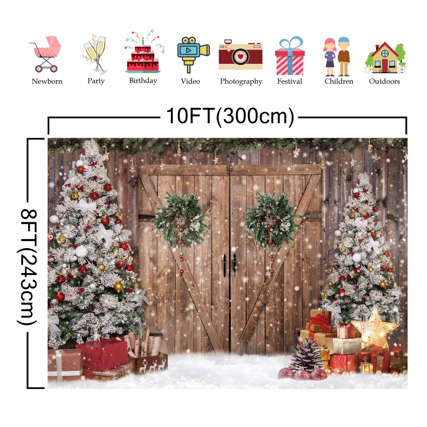 Felortte 10x8FT Polyester Fabric Winter Christmas Rustic Barn Wood Door Photography Backdrop Xmas Tree Snow Background Banner for Family Holiday Party Decoration Supplies Photo Studio Props Pictures
