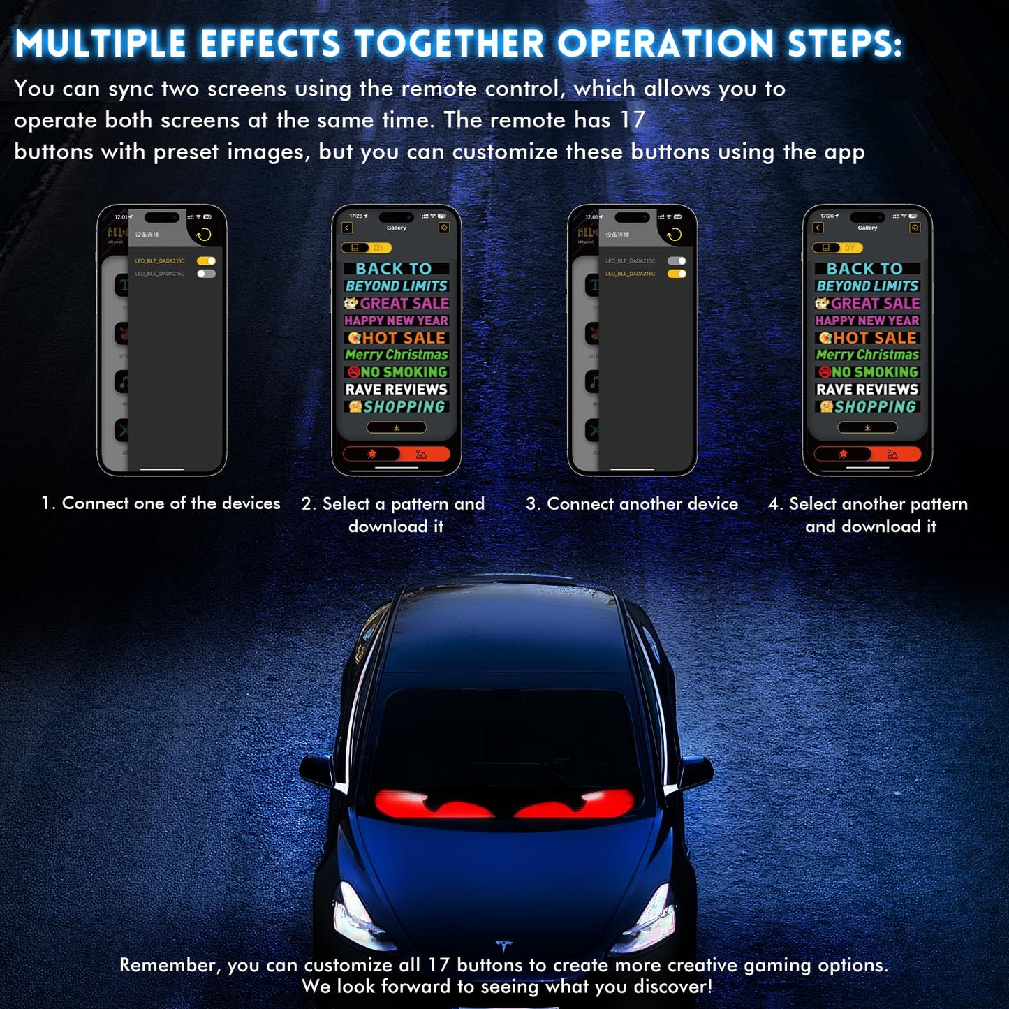 2pcs Devil Eyes Lights for Cars, 23.62"x4.72" Programmable LED Eyes for Car/Truck Windshield, Flexible LED Display Screen Panel for Car Window, DIY 𝗖𝗮𝗿 Dynamic Smart Colorful Eye Lamp Soft Screen