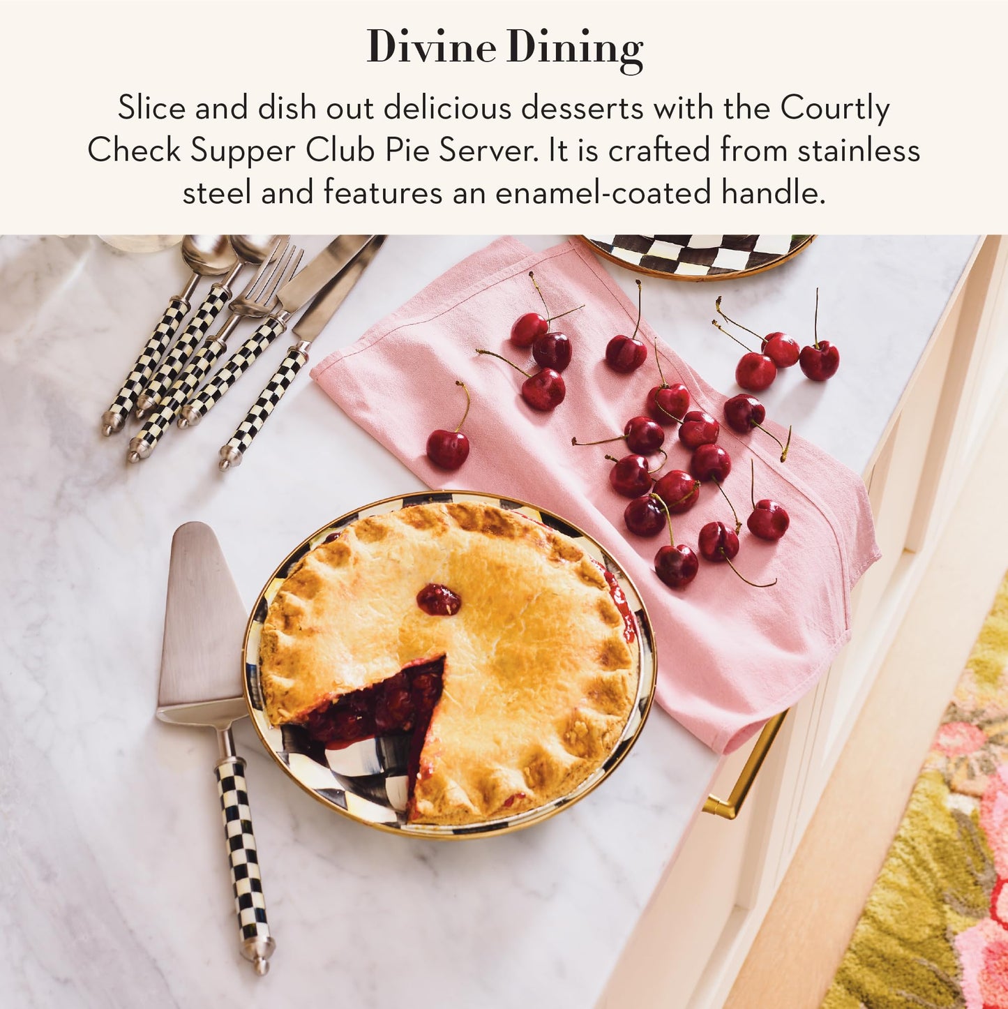 Mackenzie-Childs Supper Club Pie Server, Stainless-Steel Kitchen Pie Cutter, Serving Tool for Dessert, Black-and-White Courtly Check