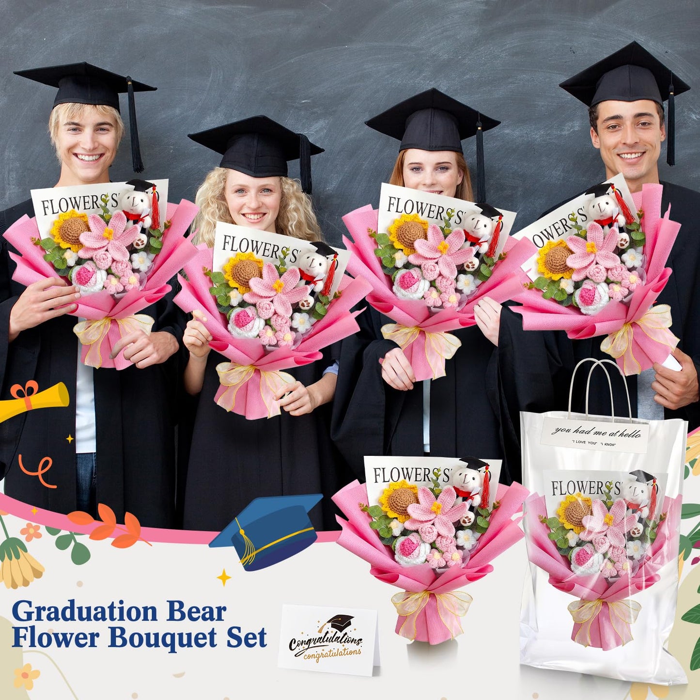 Giegxin Graduation Crochet Flowers Bouquet Set 2026 Grad Cap Plush Bear Hand Knitted Rose Tulip Daisy Sunflower Bouquet Greeting Card Gift Bag for Wedding Birthday Party Favors(Pink)