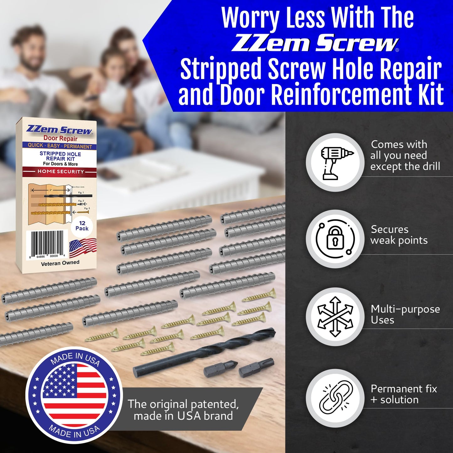 12-PK - #9x3 Steel Screws Permanent Door Hinge Repair Kit – Easy Stripped Screw Hole Repair – Reinforce Door Hinges, Strike Plates & Door Jamb Repair – Quickly Fix Stripped Hinge Screws - Made in USA