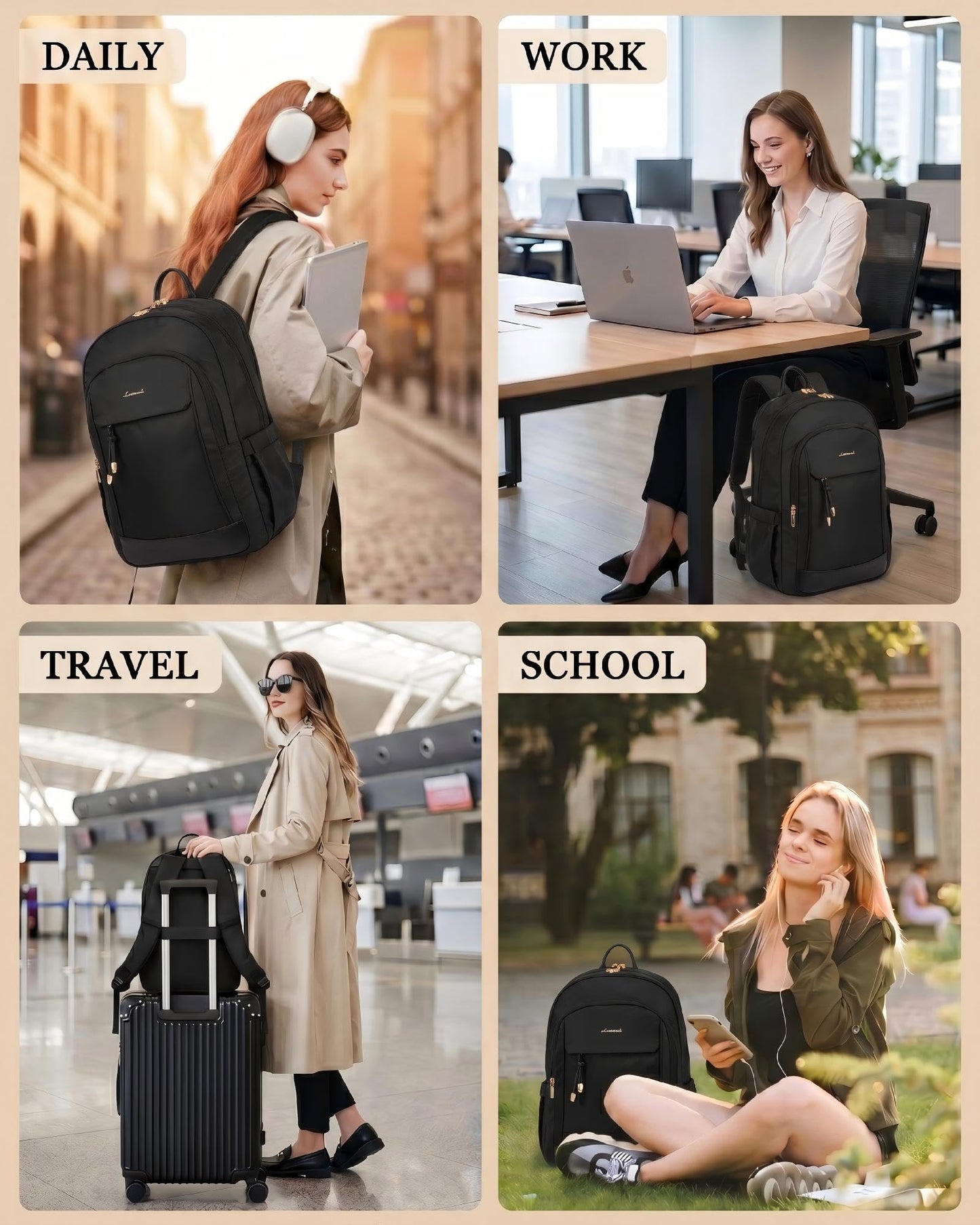 LOVEVOOK Laptop Backpack for Women, 15.6 inch Waterproof College Backpack Woman with Laptop Compartment Computer Bag Travel Backpack Purse, Large Black Computer Daypack for Work Casual, Black