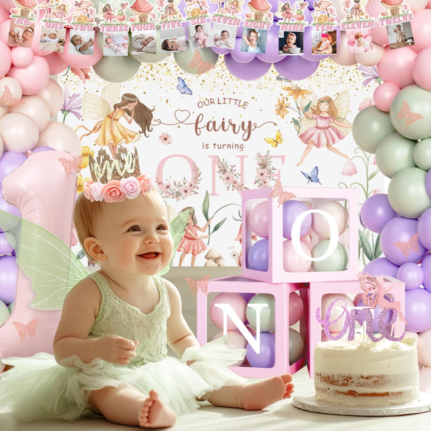 Fiesec Fairy First Birthday Decorations, Flower Themed 1st Birthday Party Decorations for Girl, Our Little Fairy is Turning One Backdrop Banner Tablecloth for Floral Forest Garden One Year Old Girl