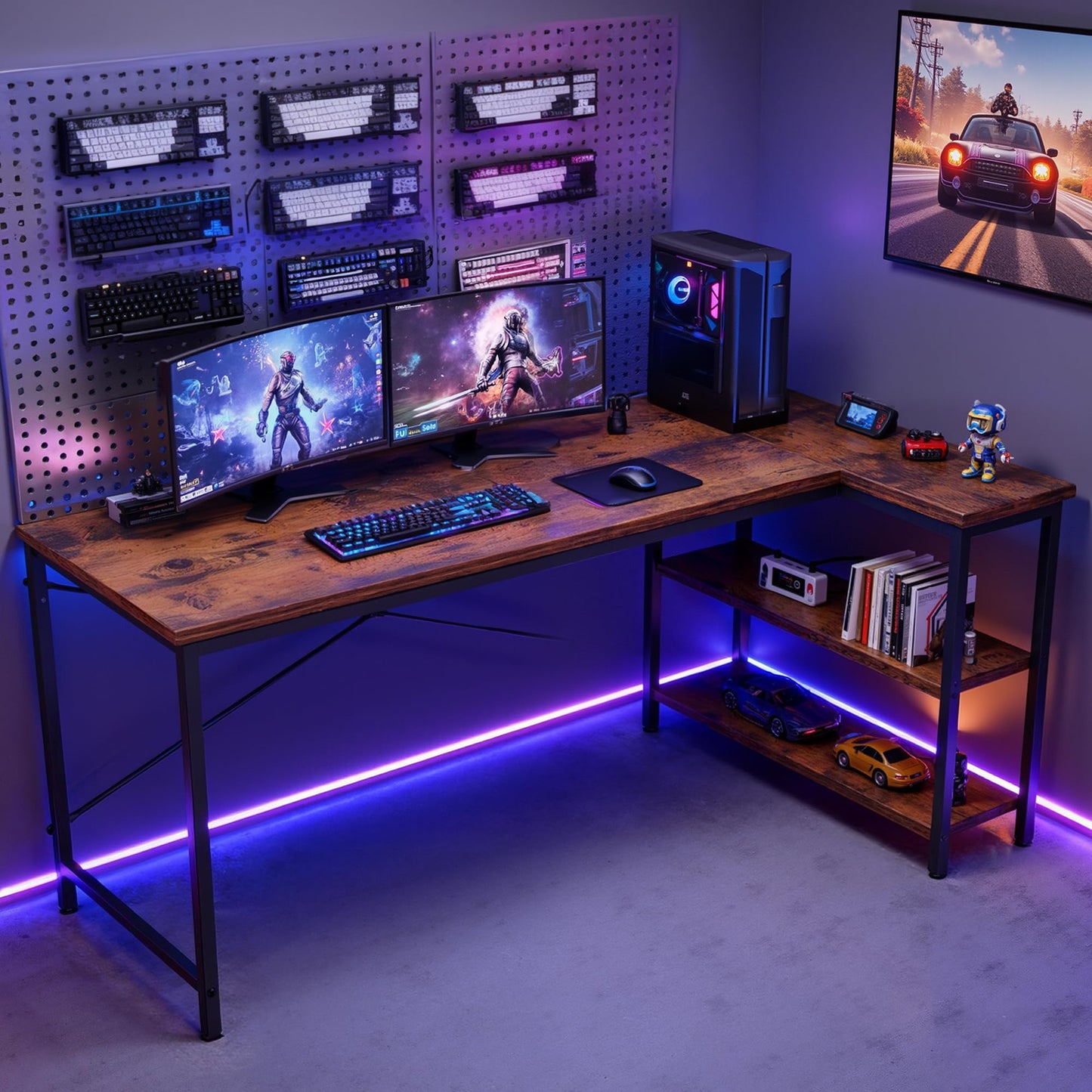DUMOS L Shaped Desk 39 Inch Computer Corner Gaming Desks for Home Office PC Table with Reversible Storage Shelves for Writing Working Study Bedroom Dorm Rustic Brown