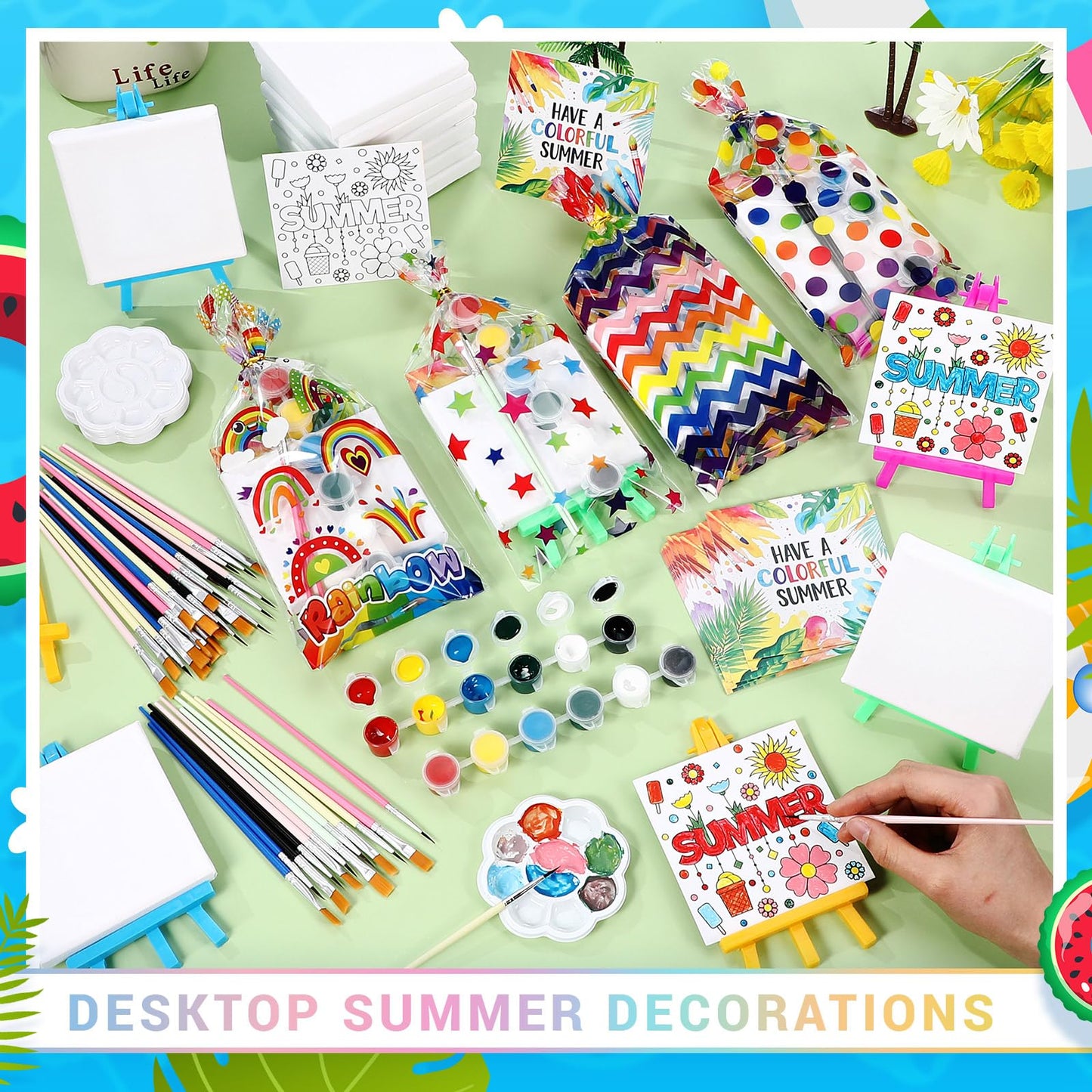 AmazingSpark 12 Set Mini Summer Party Watercolor Paint Set Mini Canvas Acrylic Painting Kit with Cards, Plastic Easel, Canvases, Paint Kit Art Party Favors Classroom Prize School Year Gifts