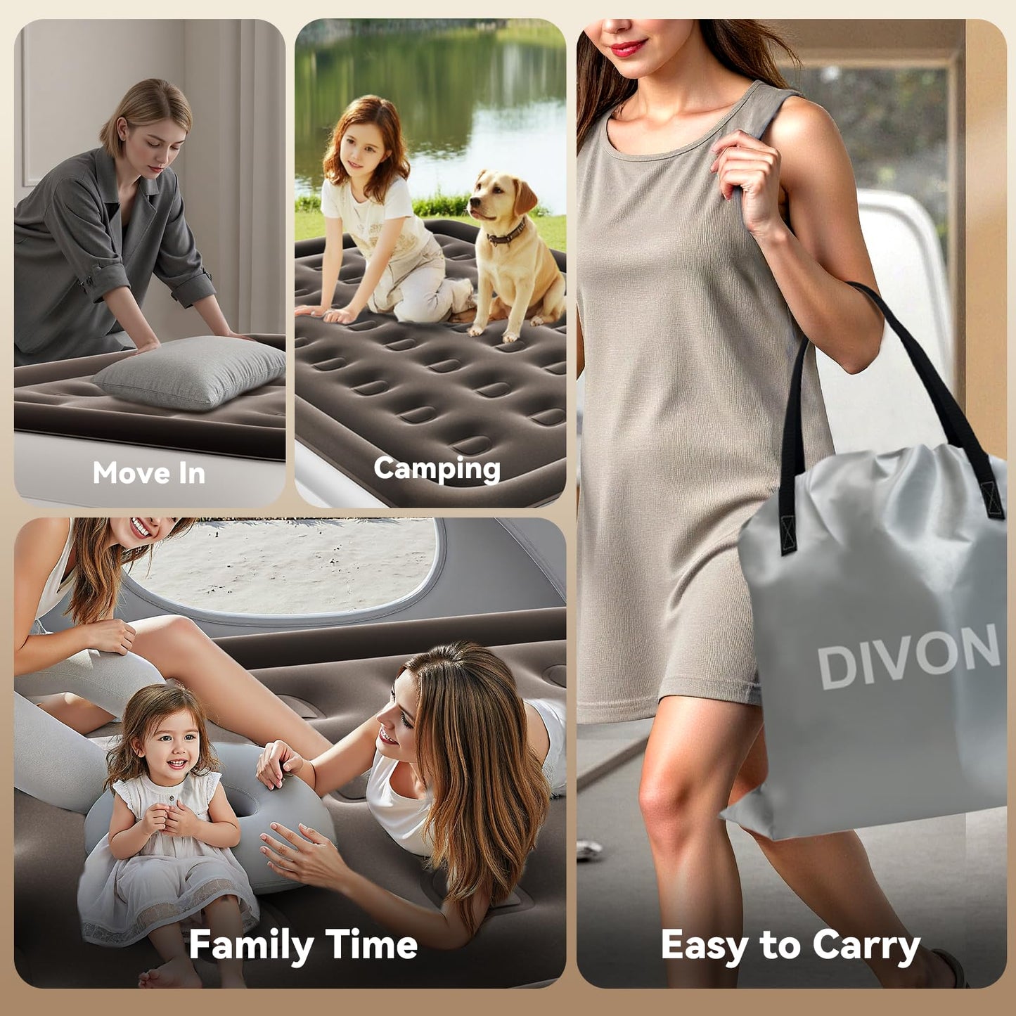 DIVON Twin Air Mattress with Built in Pump Raised, 2 Min Self Inflatable Mattress, 18’’ Blow up Mattress for Adults, 330 LBS Portable Air Bed for Guest, Camping, Travel & Floor, Brown