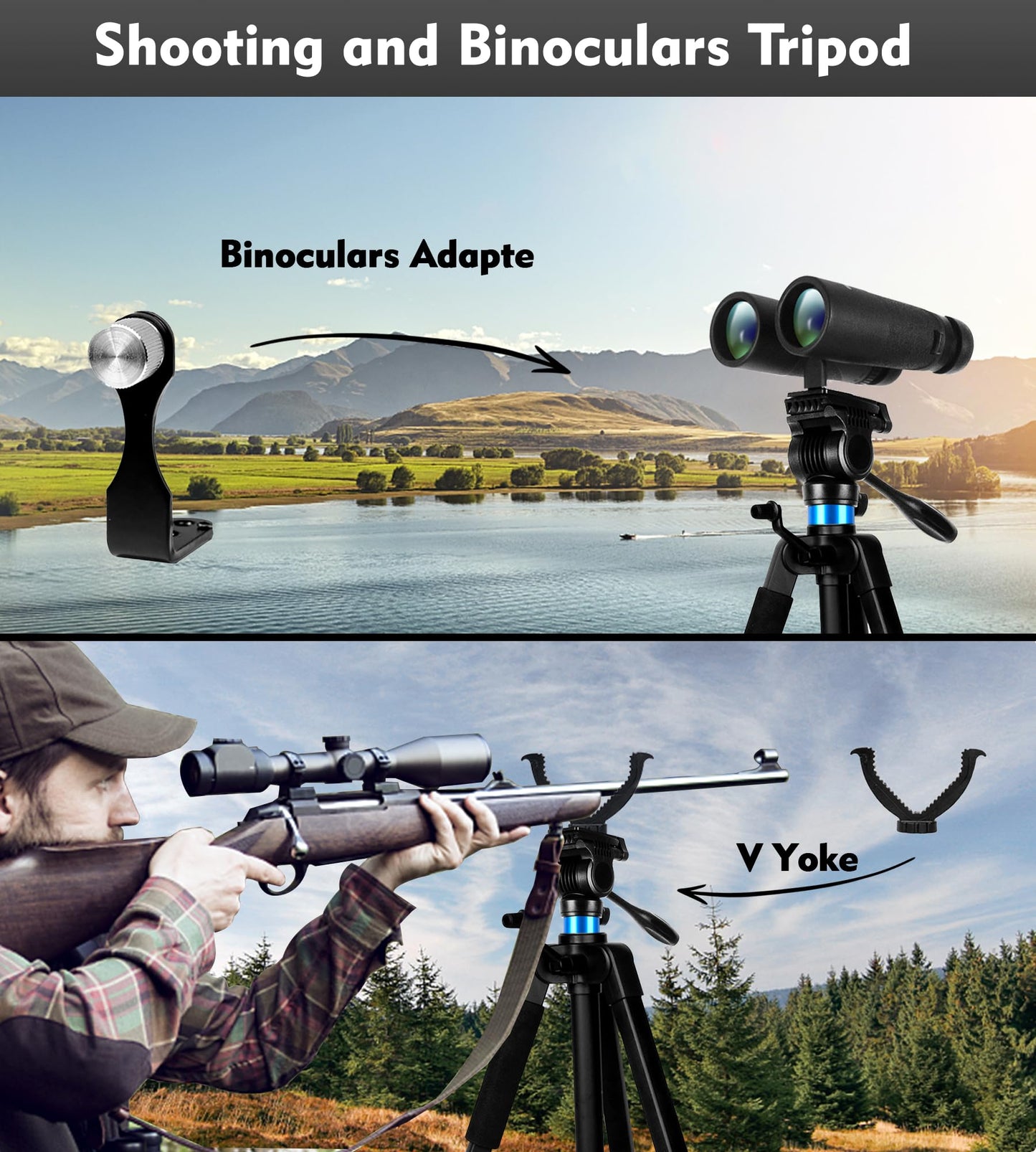 72.4 inch Spotting Scope and Binoculars Heavy Duty Tripod, Shooting Hunting Rest V Yoke Stand with Binoculars Adapter, Compatible with Monocular/Astronomical Telescope/DSLR Camera/Projector(Load 22Lb)