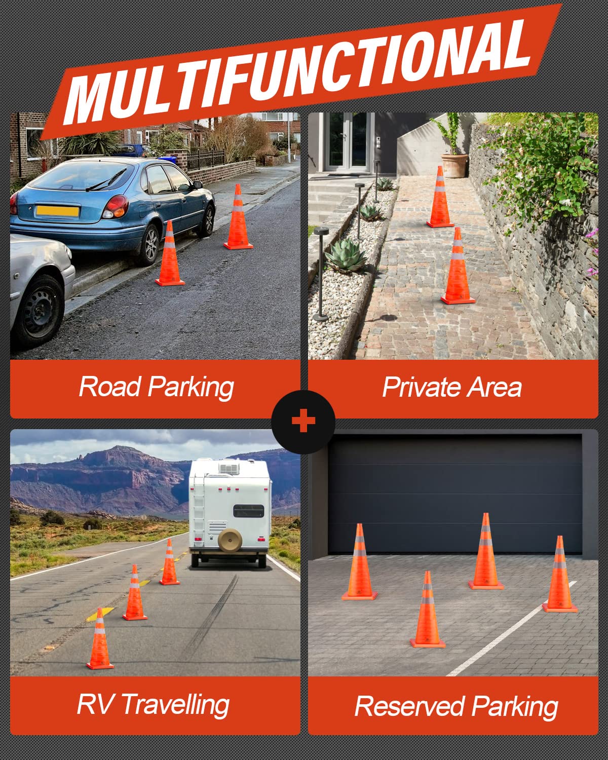 RoadHero 28 Inch 6 Pack Collapsible Traffic Safety Cones, Multi Purpose Pop-up Cones with Reflective Collar for Road Safety, Orange Cones for Driving Training, Parking Lots