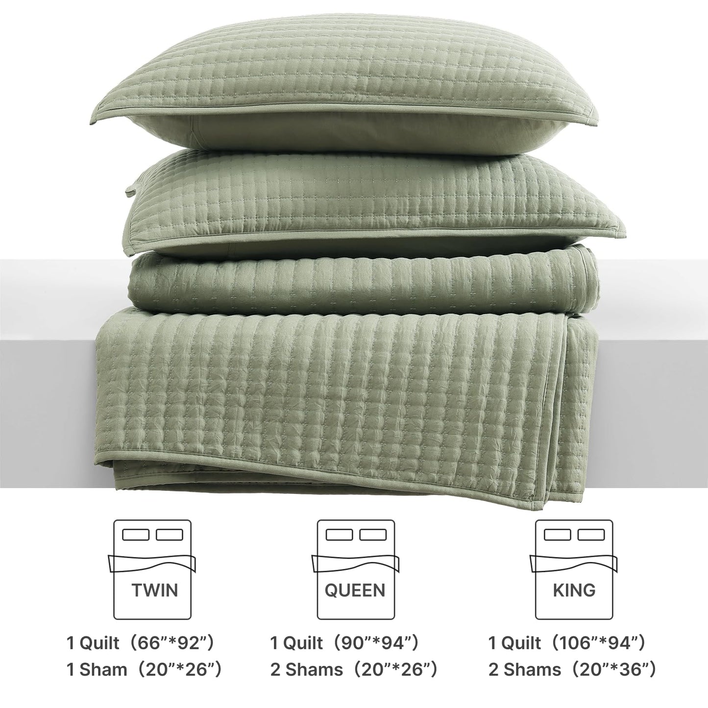 WRENSONGE King Size Quilt-3 Pieces Lightweight Bedspreads Sage Green King Quilt Bedding Set for All Seasons, Soft Summer Coverlet with 2 Pillow Shams Suitable for Bed, Couch, Quilt Blanket