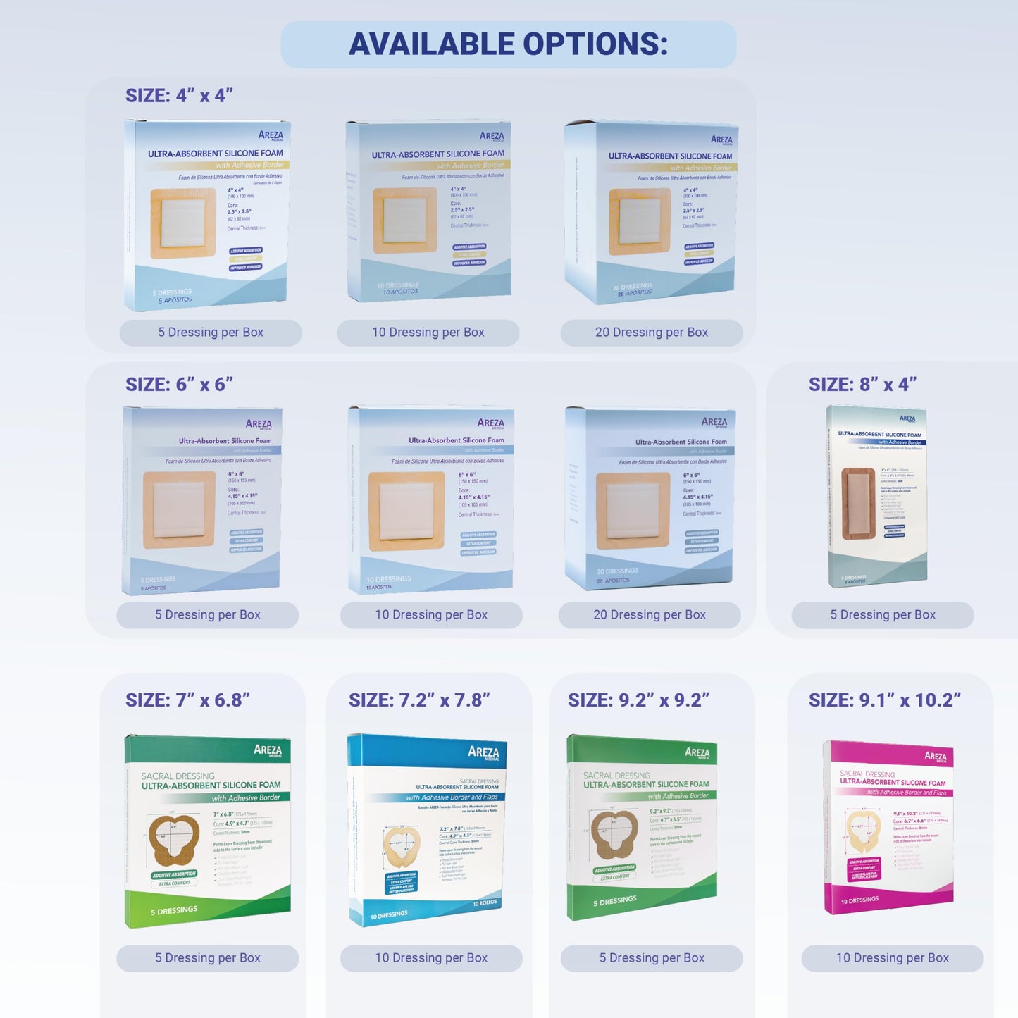Areza Medical - Silicone Foam with Super-Absorbent Layer - Wound Dressing - Waterproof - with Adhesive Border - Sterile - Designed for Sacral Wounds - 9.1" x 10.2" - 10 PCS per Box - FSA/HSA Approved