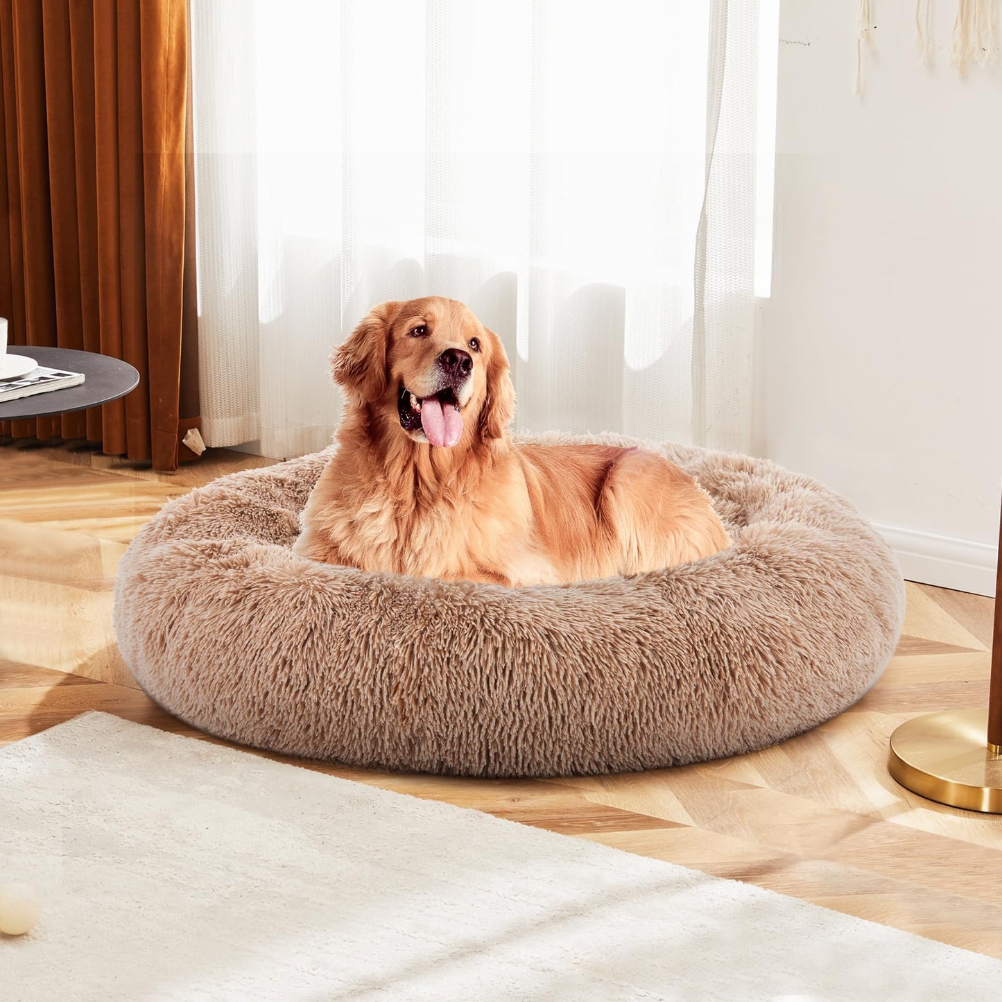 DUMOS 37.4x37.4 Inch Calming Donut Dog Beds for Large Dogs, Machine Washable Cuddler Warming Cozy Fluffy Faux Fur Plush Round Pet Bed, Anti-Slip Bed for Indoor Dogs and Cats, Brown