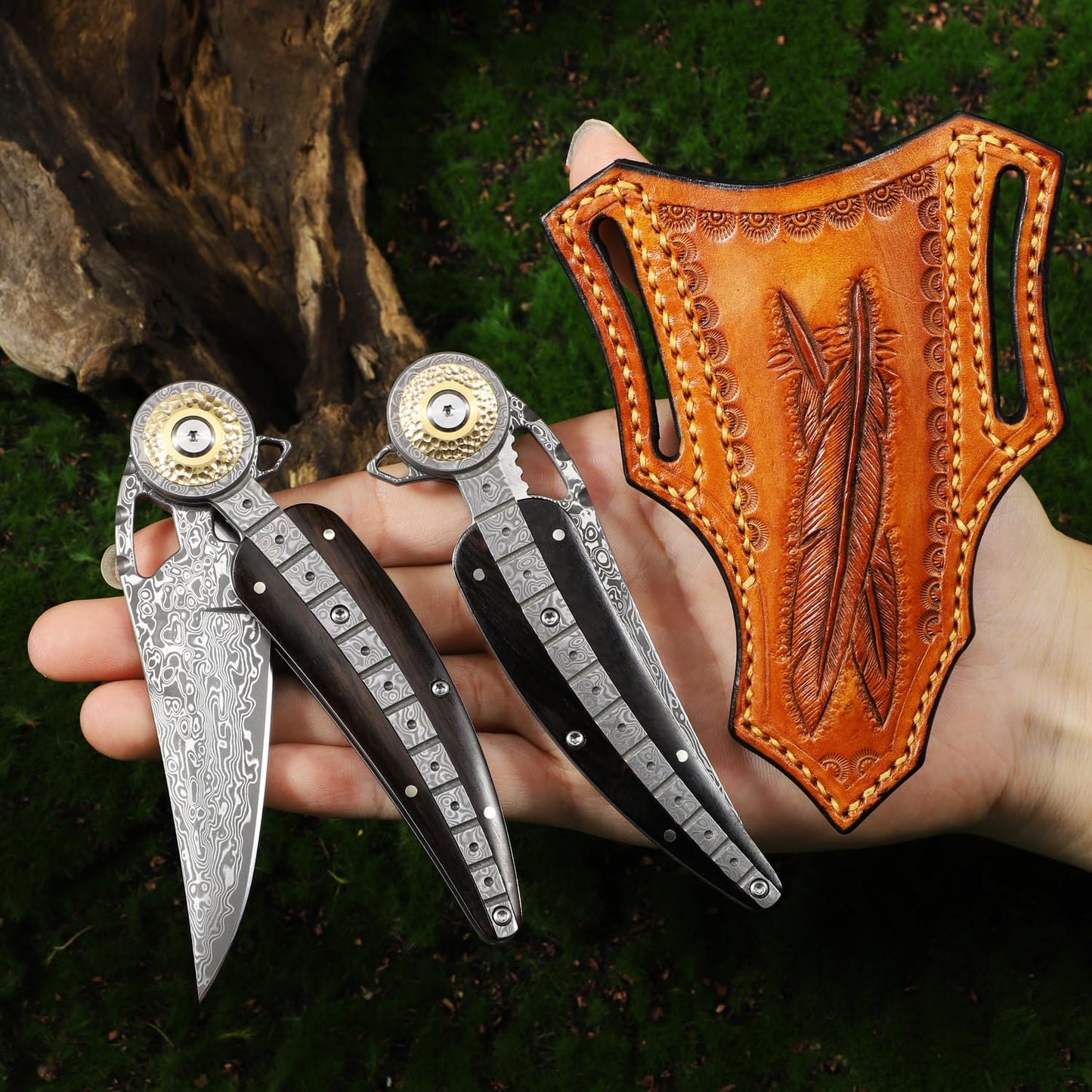 ALVELY Handmade Damascus Steel Folding Pocket Knife,Feather shape 3.4in Blade Men's Pocket Knife,With knife sheath,Ebony Handle,Home & Outdoor EDC knife