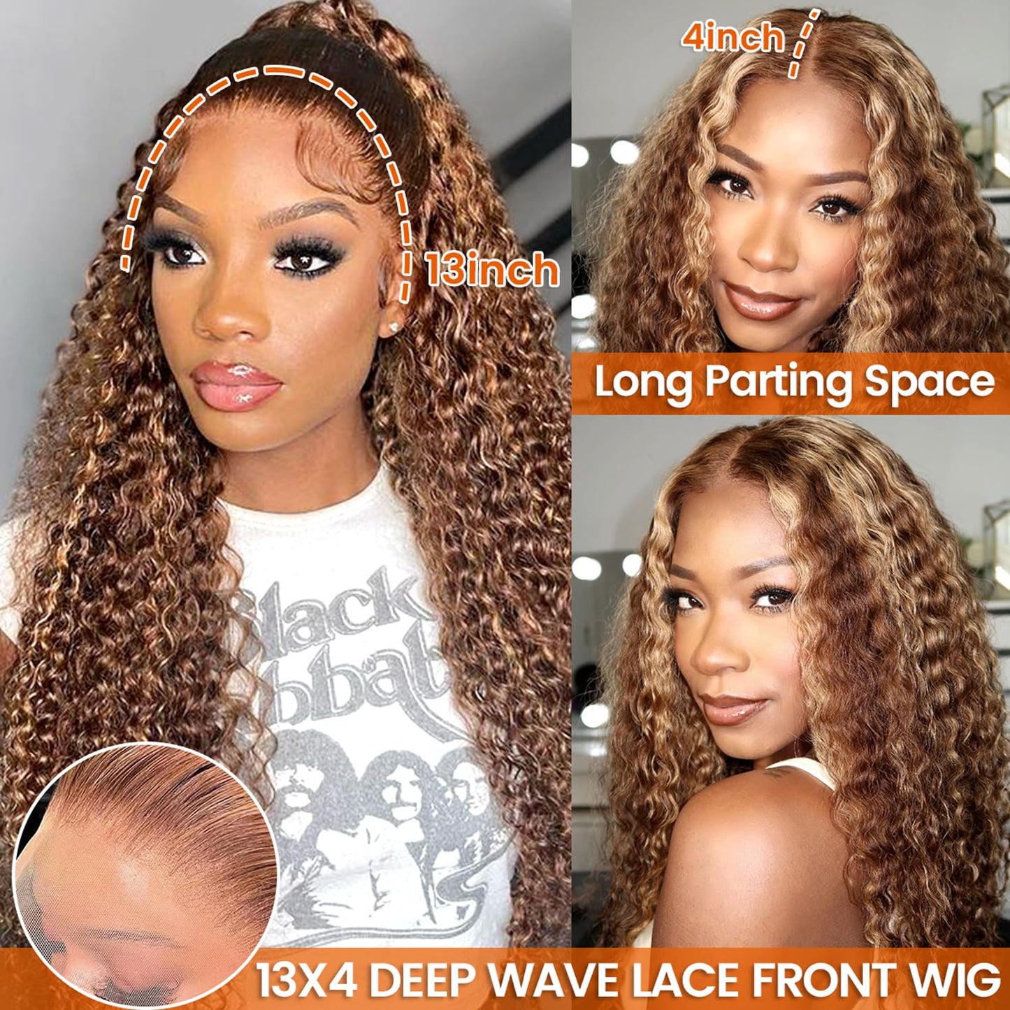 13x4 Highlight Ombre HD Lace Front Wig Human Hair 180% Density Honey Blonde Deep Wave Lace Front Wigs Human Hair Lace Front Wigs for Women P4/27 Colored Deep Curly Wave Lace Frontal Wigs (26inch)