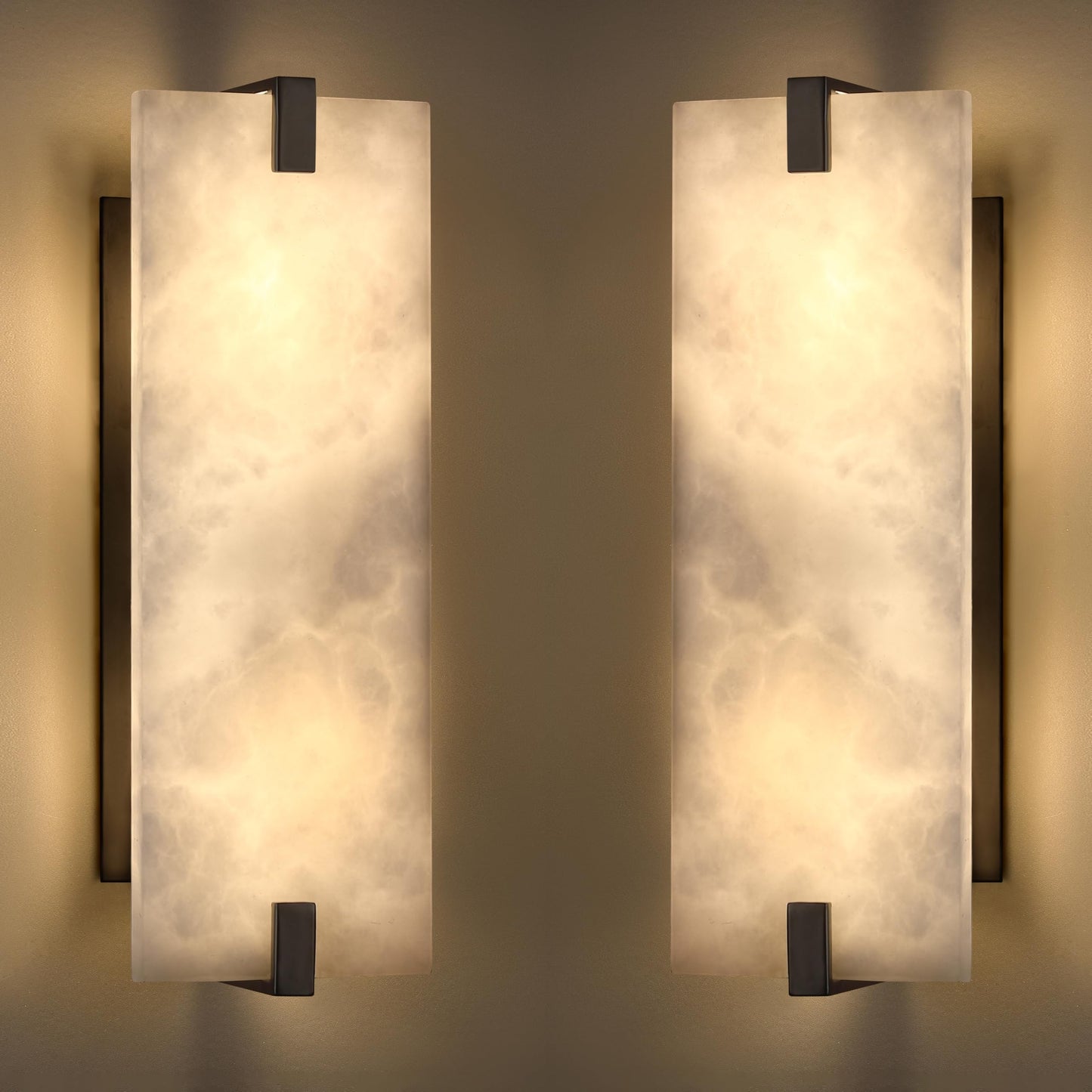 2 Pack 2 Light 15.63" Natural Square Alabaster Marble Bathroom Wall Sconce Modern Concise Style Wall Light Fixture,Black Finish for Bedroom Hallway Bedside Living Room