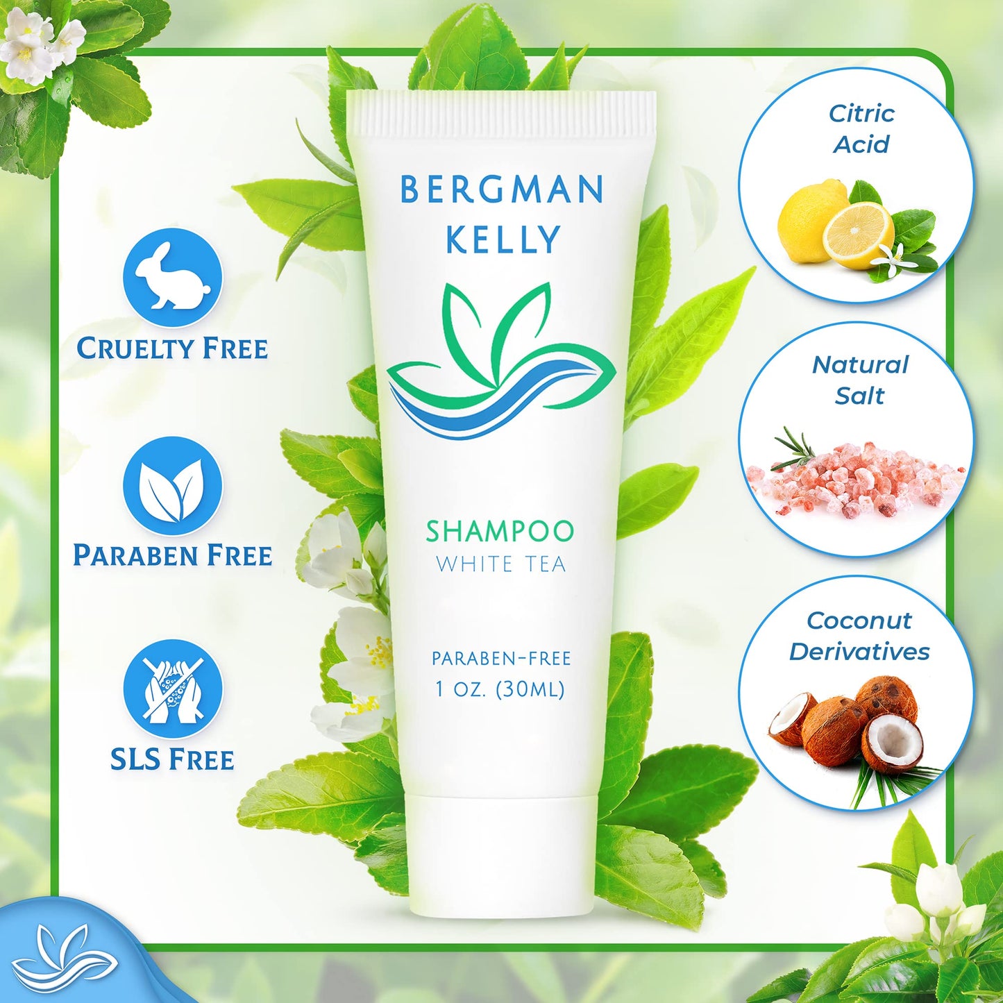 BERGMAN KELLY - Travel Size Hotel Shampoo - 1 fl oz, 100 PK, White Tea - Delight Your Guests with Revitalizing & Refreshing Hair Cleanser for Guest Hospitality - Mini & Small Size Shampoo in Bulk