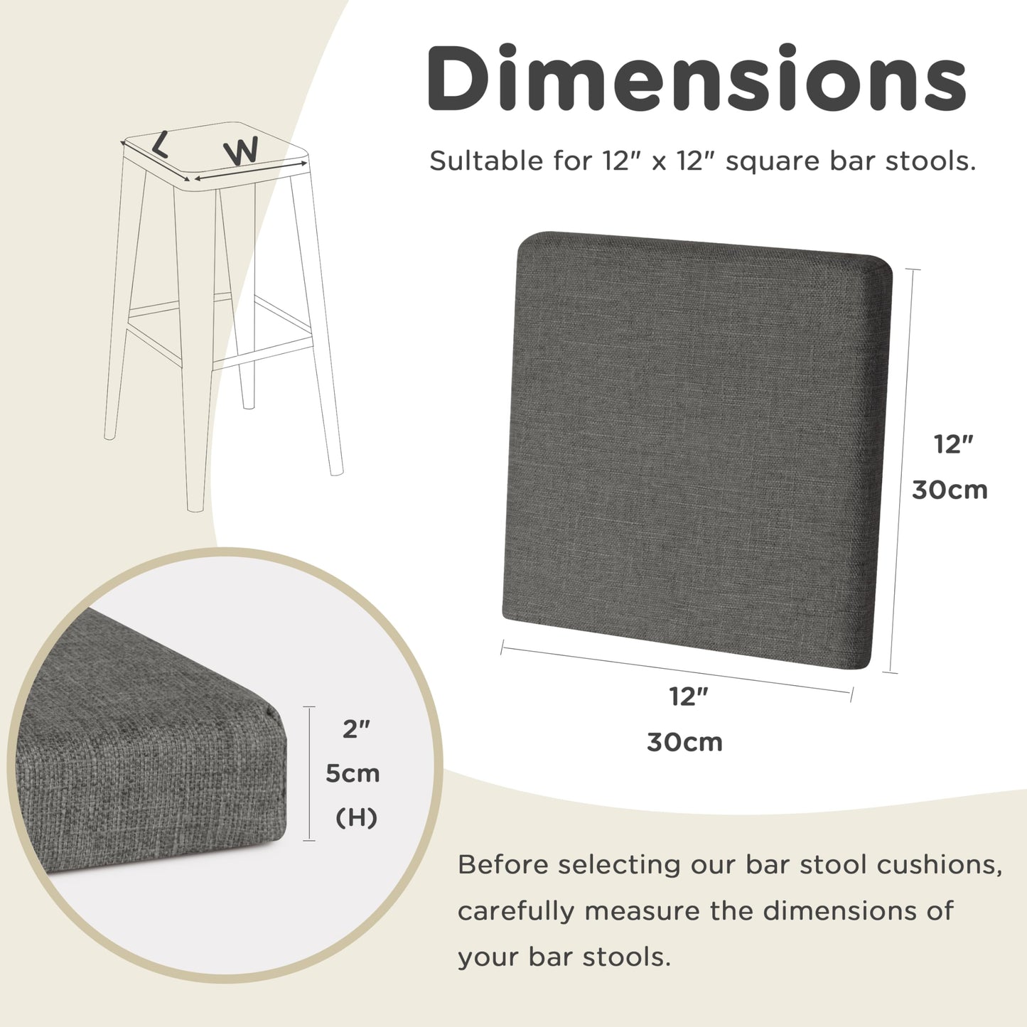 AddGrace Anti-Slip Bar Stool Cushions Square Bar Stool Seat Cushions with Ties Set of 4 Small Square Chair Pads with Machine Washable Cover 12"X12"X2" (Dark Grey)