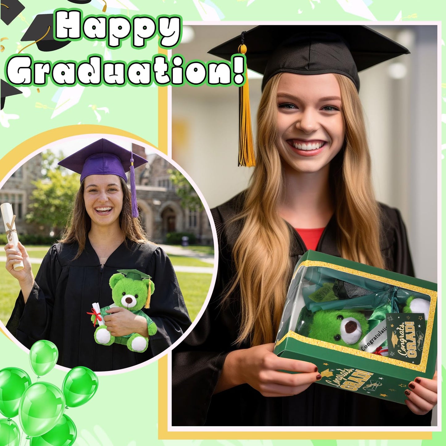 Hollowfly Graduation Bear Gifts Set Include Graduation Bear of 2026 Stuffed Animal with Cap and Gown, Artificial Flower, Graduate Gift Box with Window and Greeting Card for Him or Her(Green)