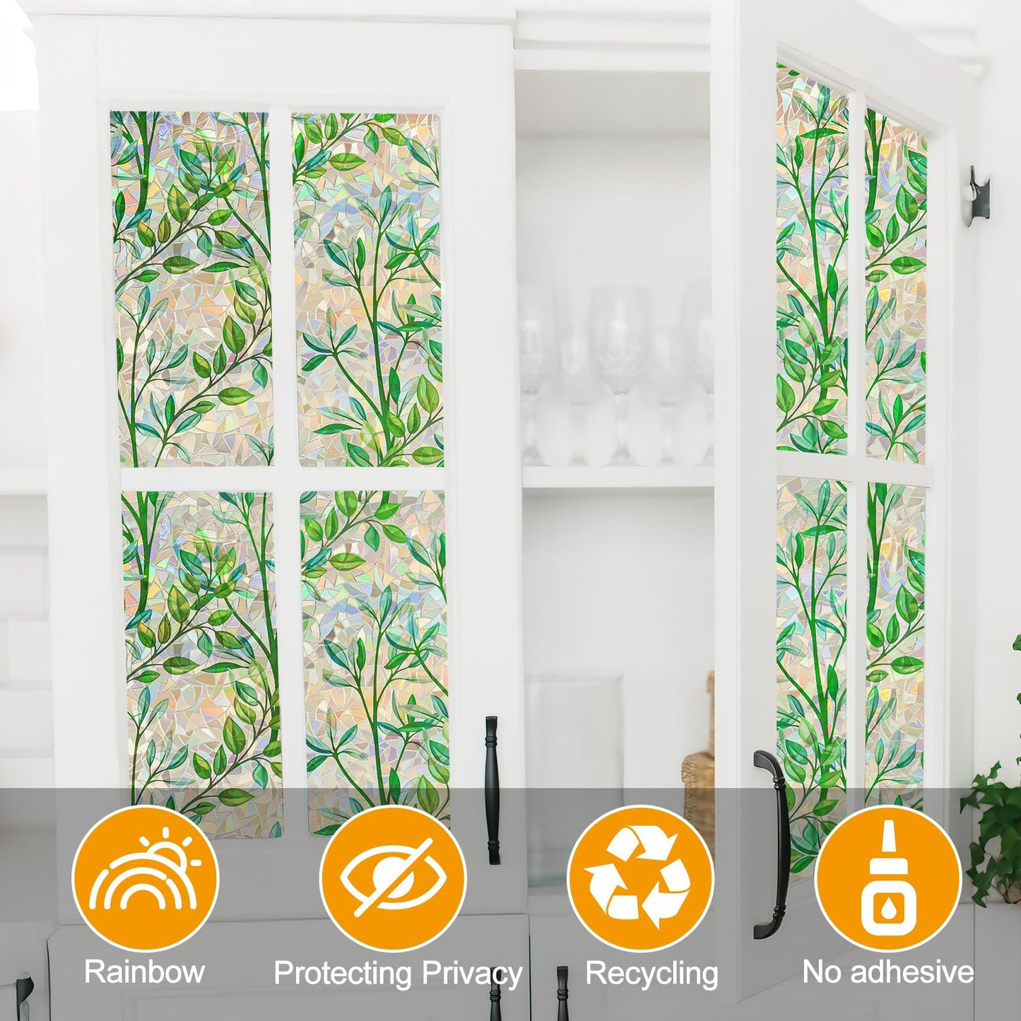 Countewol Window Privacy Film Stained Glass Window Film Rainbow Window Film Window clings Non-Adhesive Reusable Decorative for Room (Leaf Rainbow, 35.4 x 157.4 in)