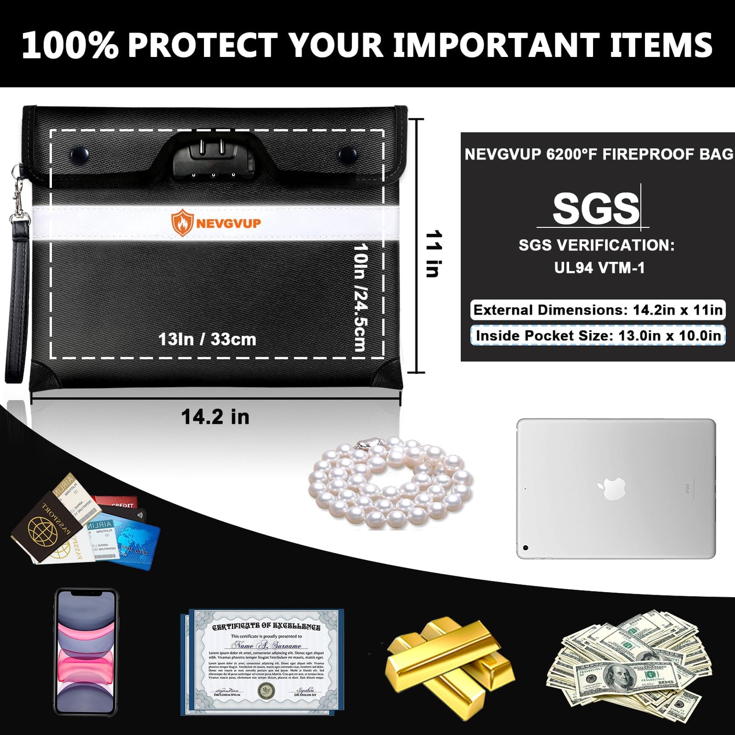 6200°F Upgraded Fireproof Document Bag with Lock, Fireproof Money Bag for Cash with Zipper/Reflective Strip, 9 Layer of Heat Insulated Material, Water Resistant Fire proof Bags for Documents,Fire Bags